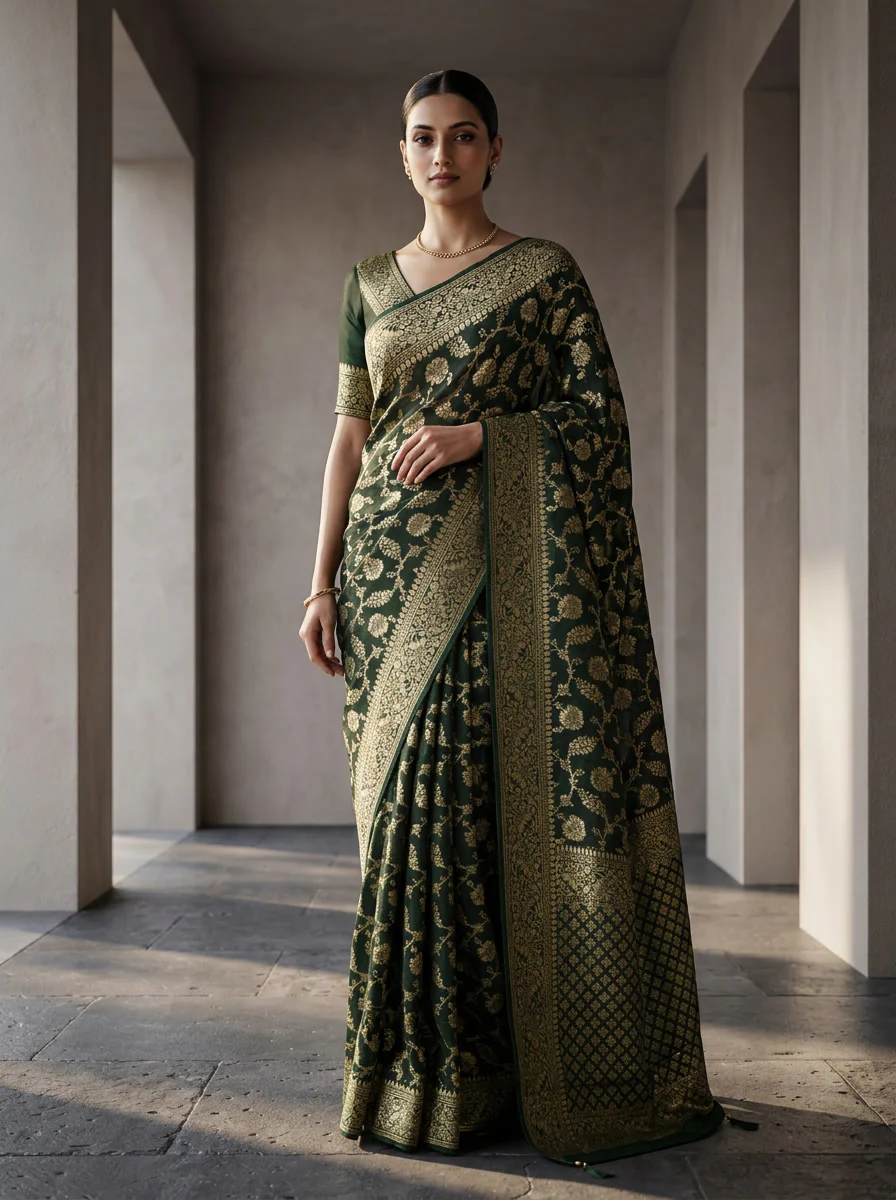 Bottle Green Banaras Weaved Floral Design Saree - Image 2