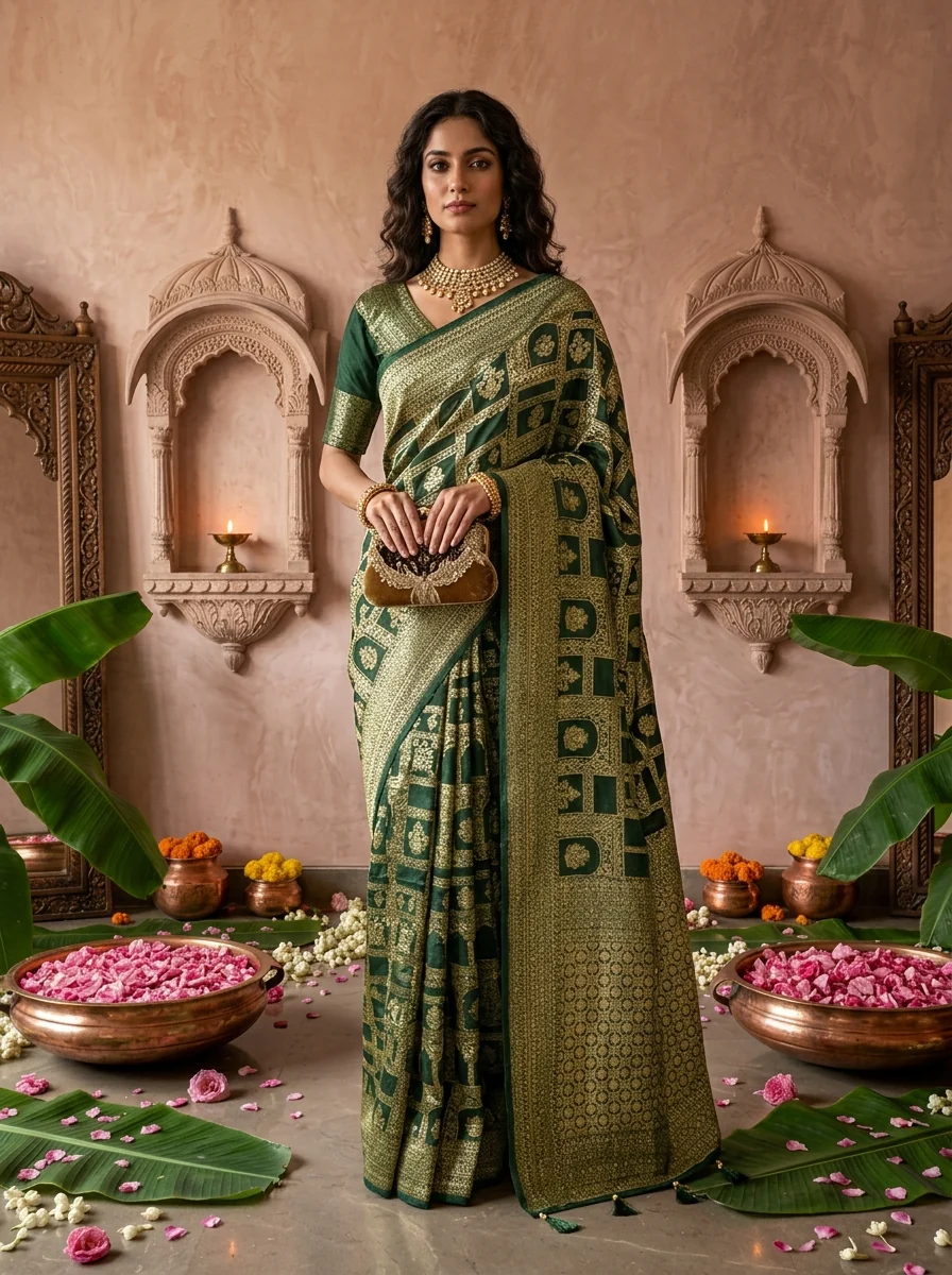 Bottle Green Banaras Weaved Saree