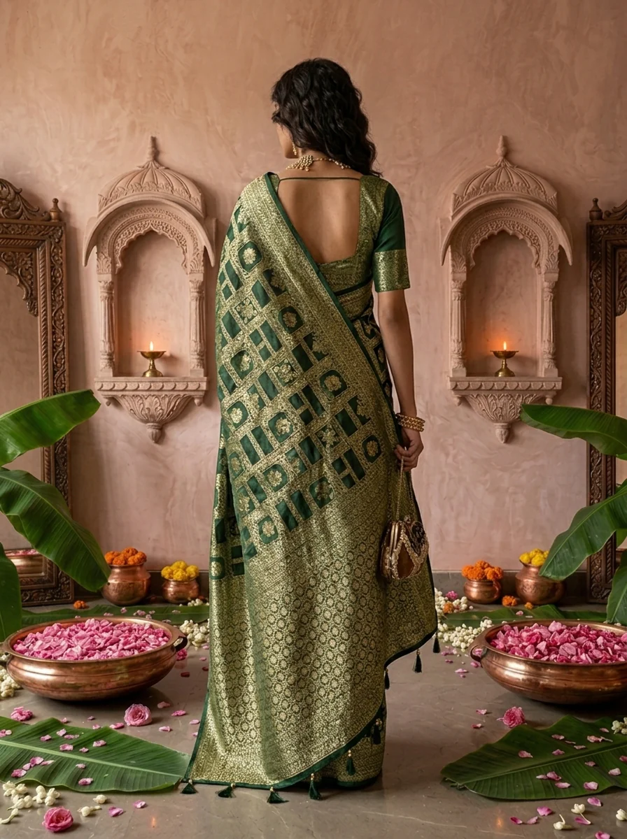 Bottle Green Banaras Weaved Saree - Image 2