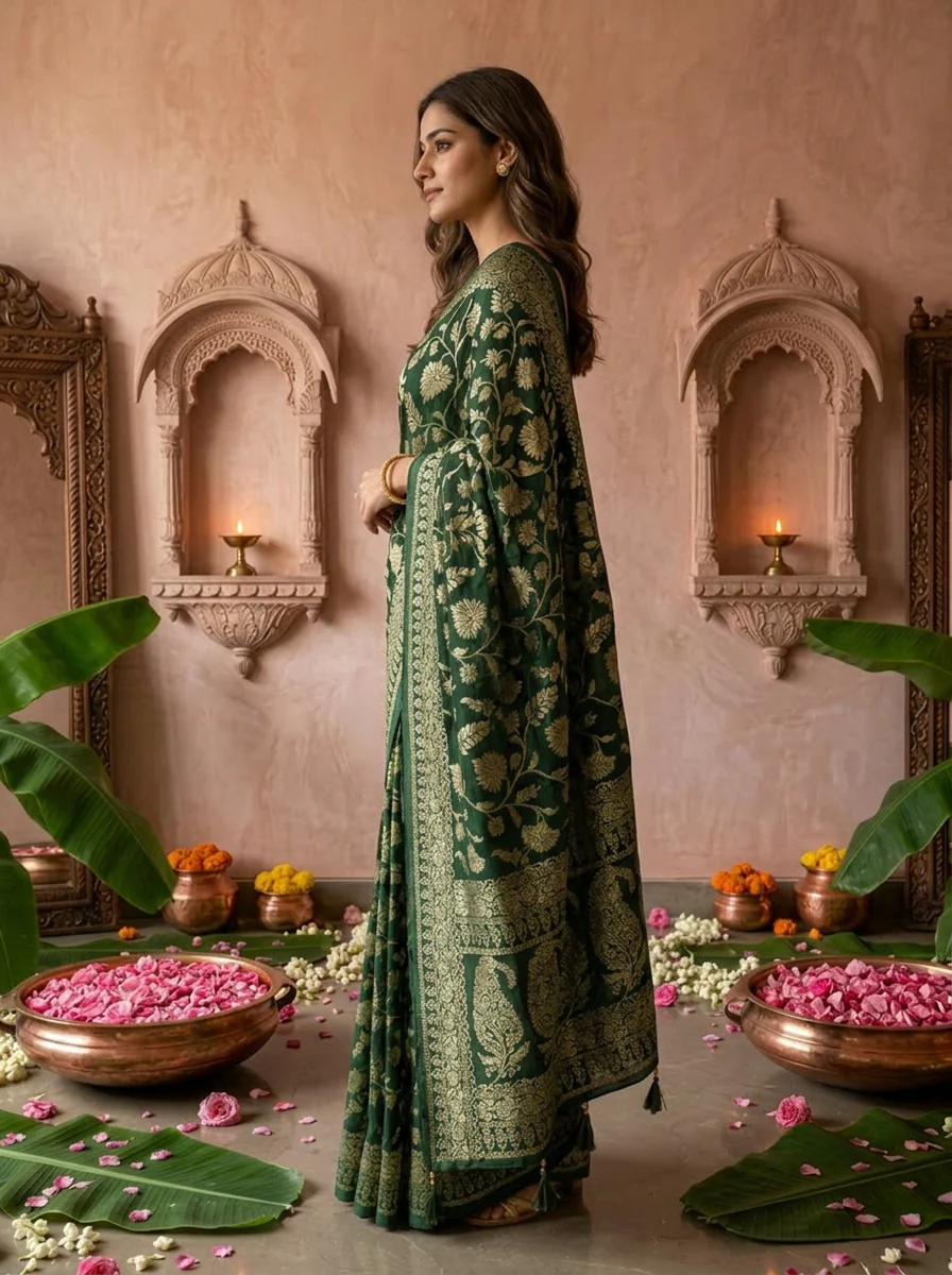 Bottle Green Banaras Weaved Saree With Floral Design - Image 2