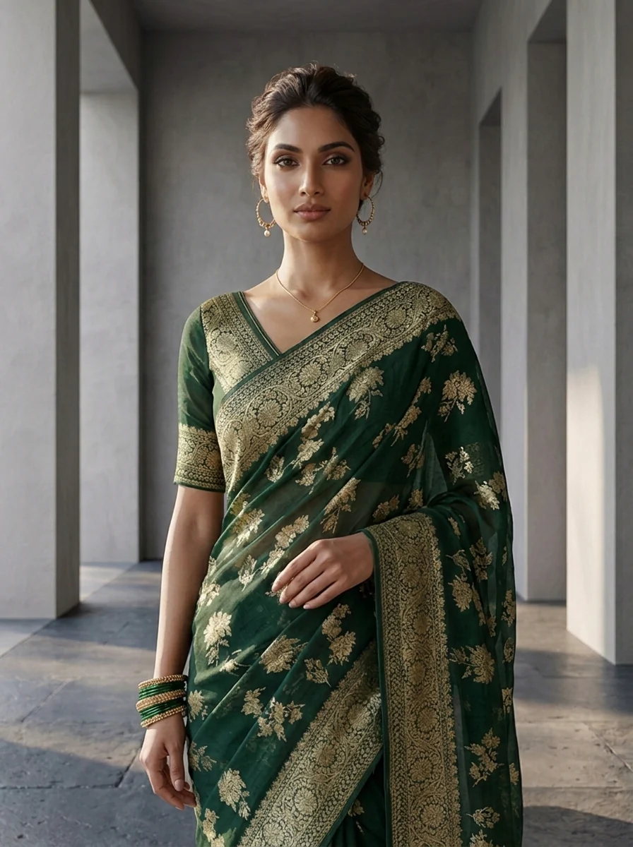 Bottle Green Banaras Weaved Saree With Floral Design - Image 3