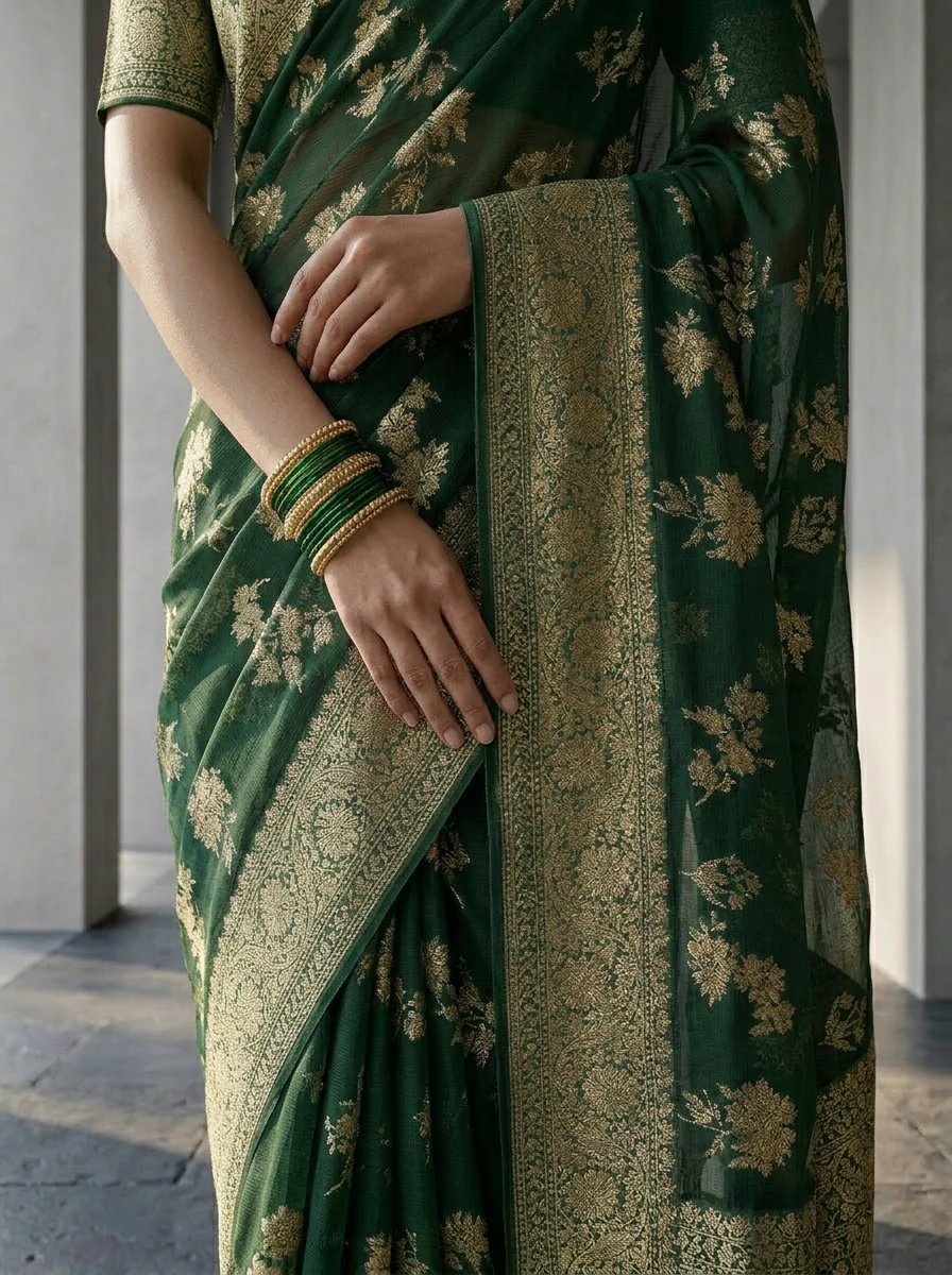 Bottle Green Banaras Weaved Saree With Floral Design - Image 4