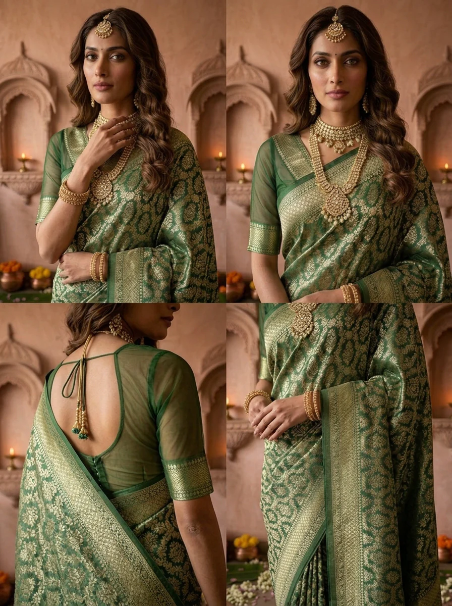 Bottle Green Banaras Weaved Saree With Heavy Floral Design - Image 5