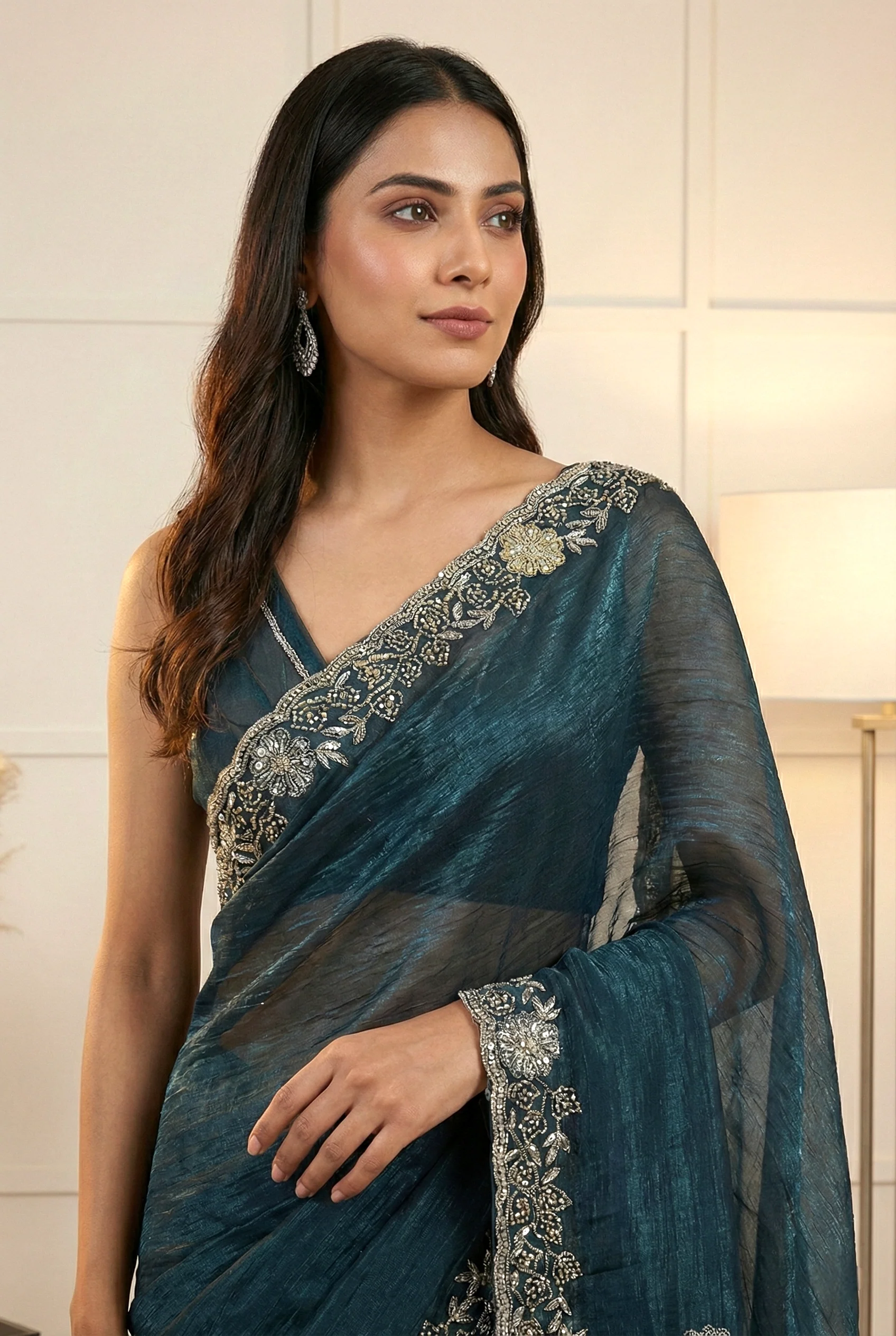 Bottle Green Beads Embroidered Organza Saree - Image 2