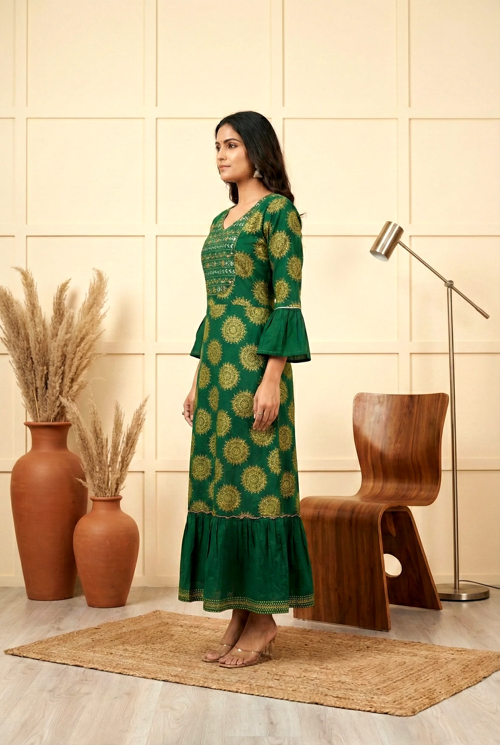 Bottle Green Cotton Floral Printed Dress - Image 2