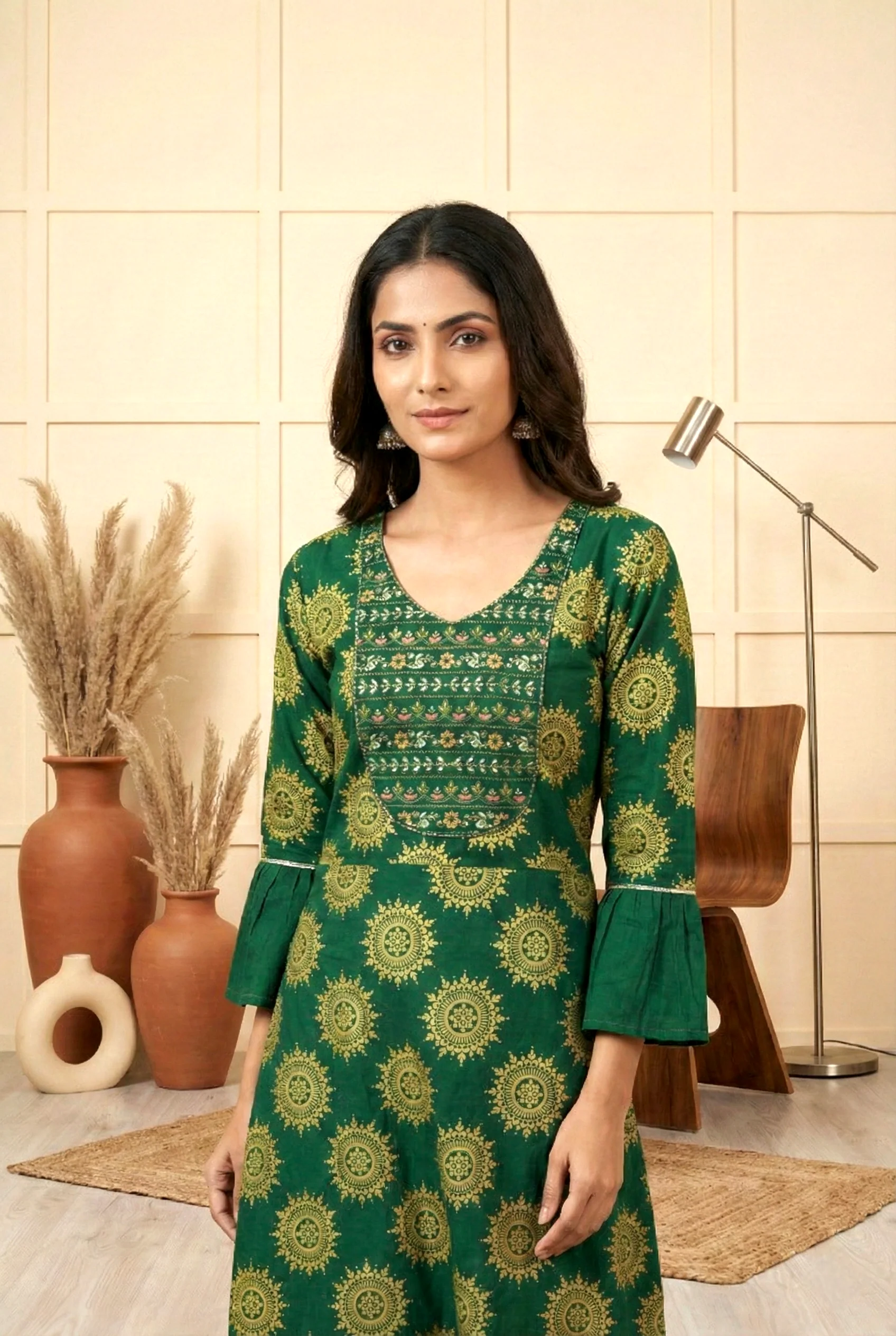 Bottle Green Cotton Floral Printed Dress - Image 3