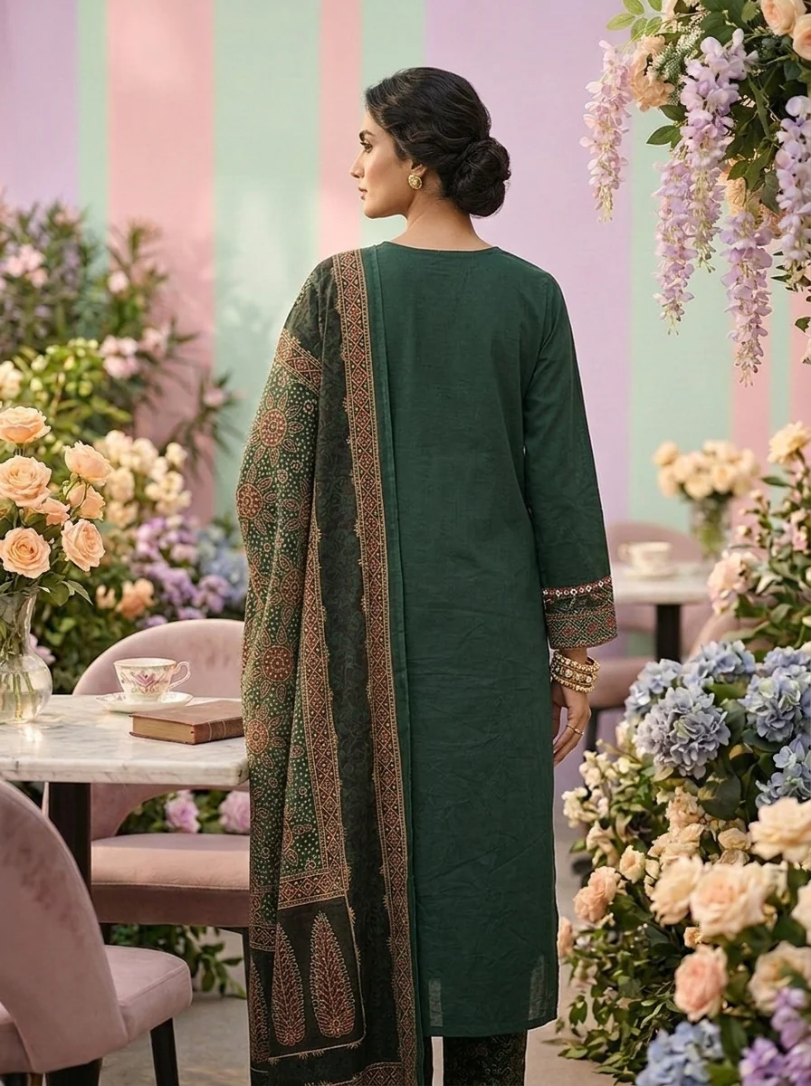 Bottle Green Cotton Printed Three Piece Set - Image 3