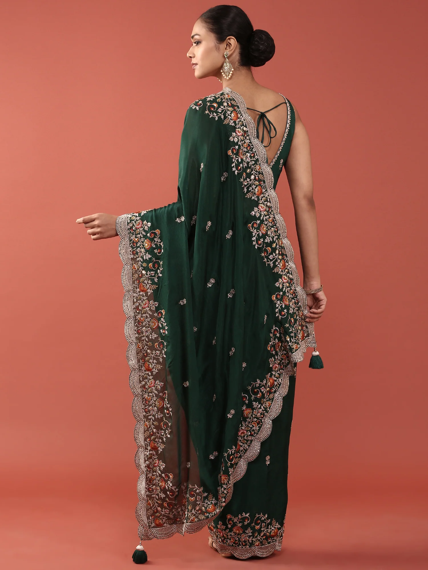 Bottle Green Crepe Embroidery Saree With Readymade Blouse - Image 2