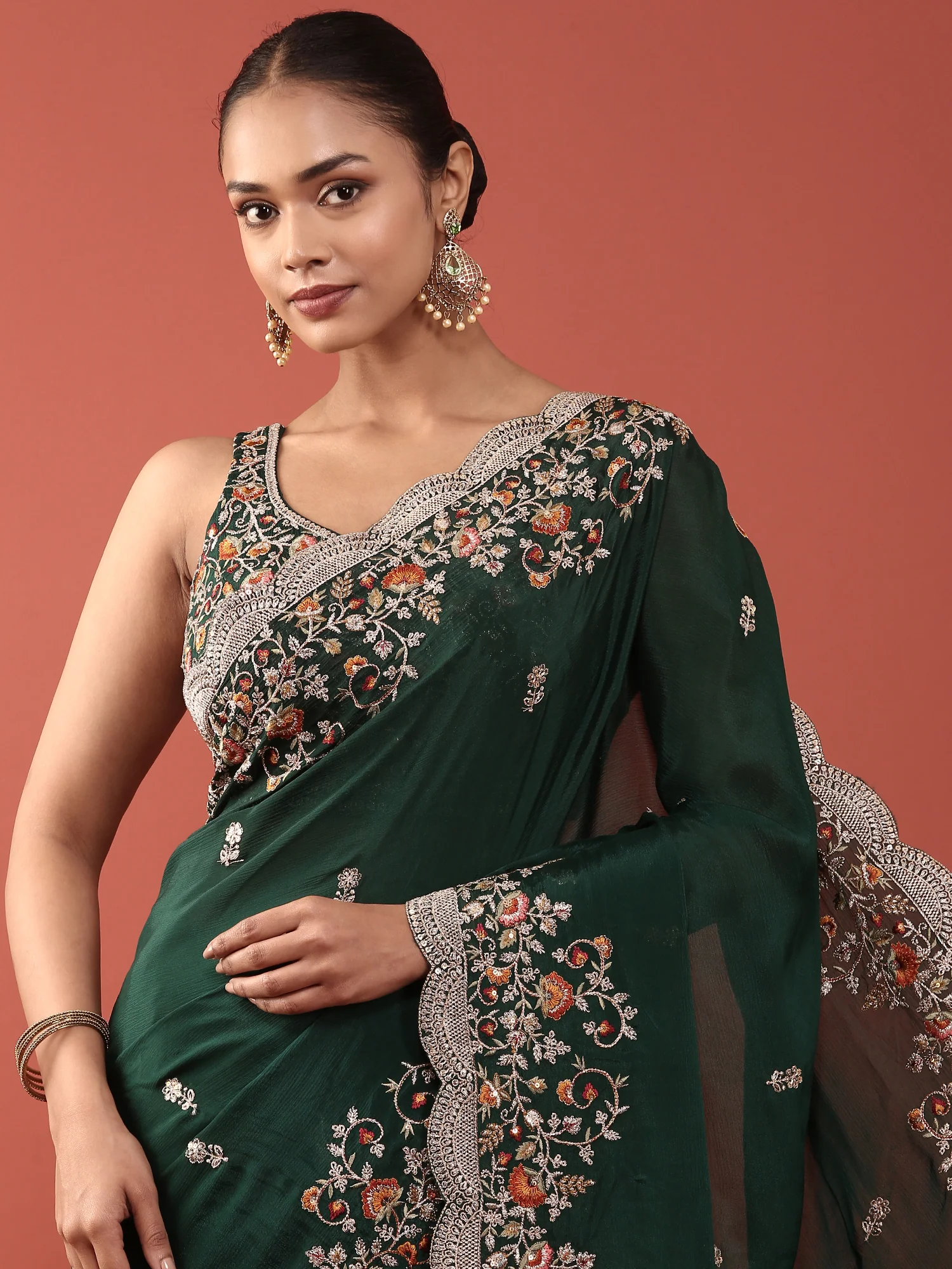 Bottle Green Crepe Embroidery Saree With Readymade Blouse - Image 3