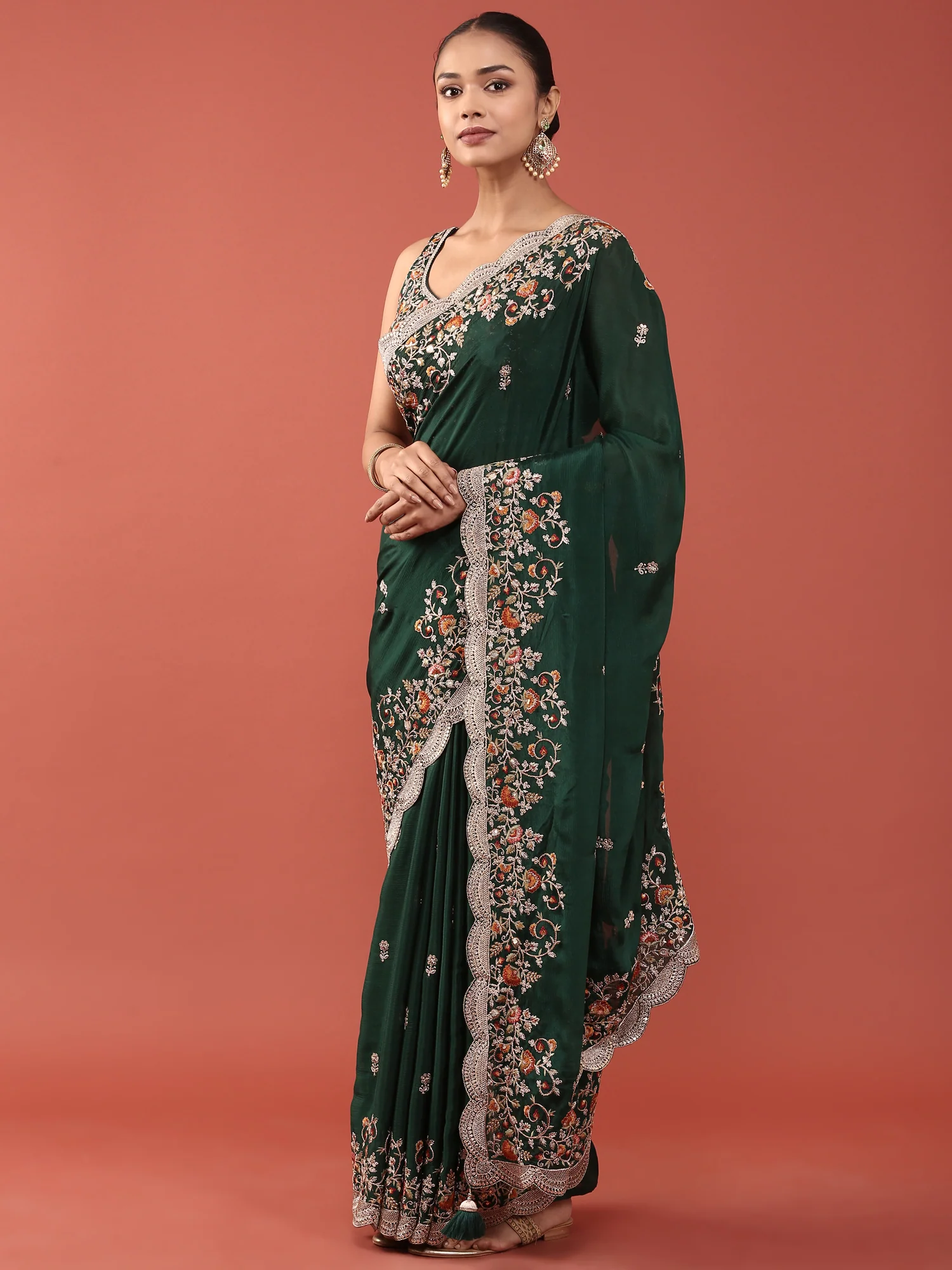 Bottle Green Crepe Embroidery Saree With Readymade Blouse - Image 4