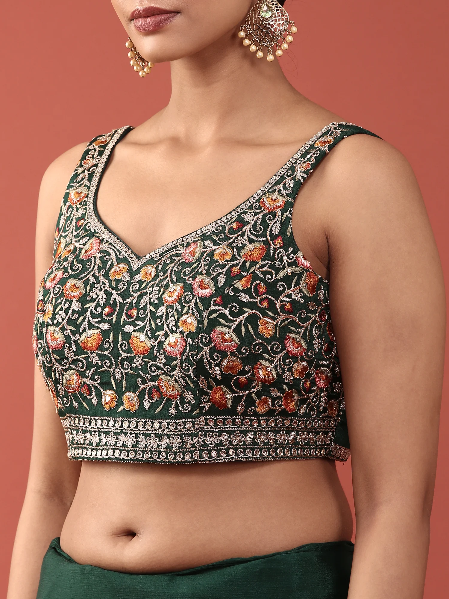 Bottle Green Crepe Embroidery Saree With Readymade Blouse - Image 5