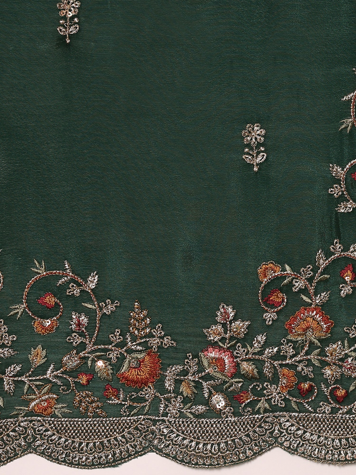 Bottle Green Crepe Embroidery Saree With Readymade Blouse - Image 6