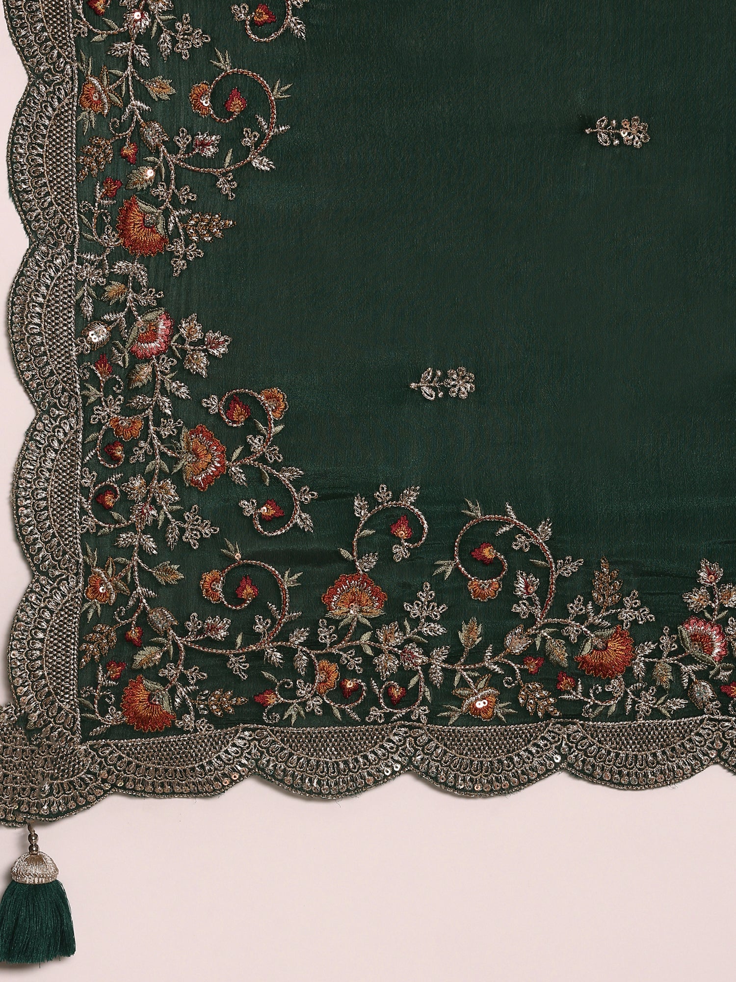 Bottle Green Crepe Embroidery Saree With Readymade Blouse - Image 7