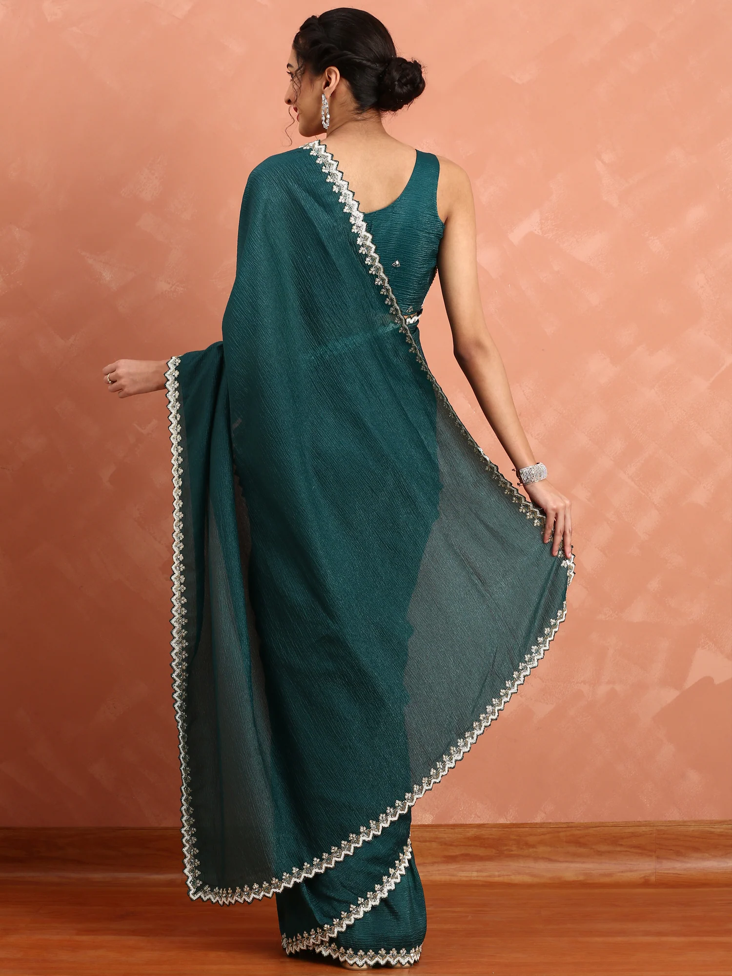 Bottle green Jimmy saree with cut Dana & pearl embroidery with ready made blouse - Image 2