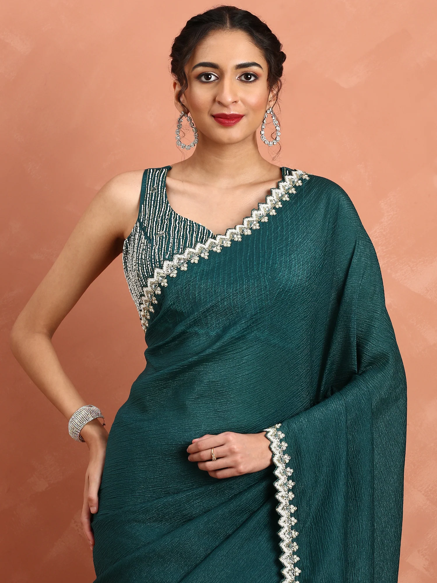 Bottle green Jimmy saree with cut Dana & pearl embroidery with ready made blouse - Image 3