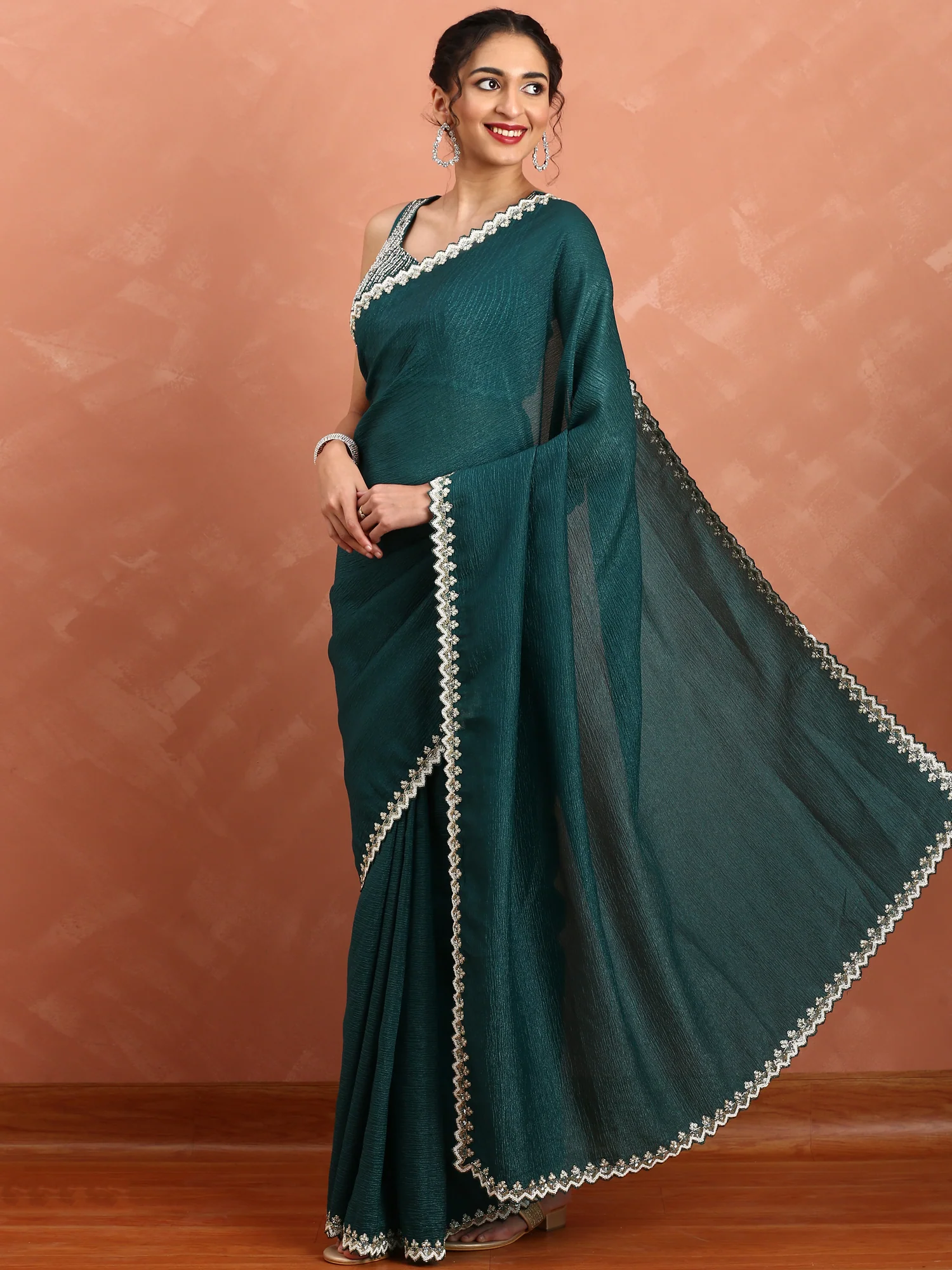 Bottle green Jimmy saree with cut Dana & pearl embroidery with ready made blouse - Image 4