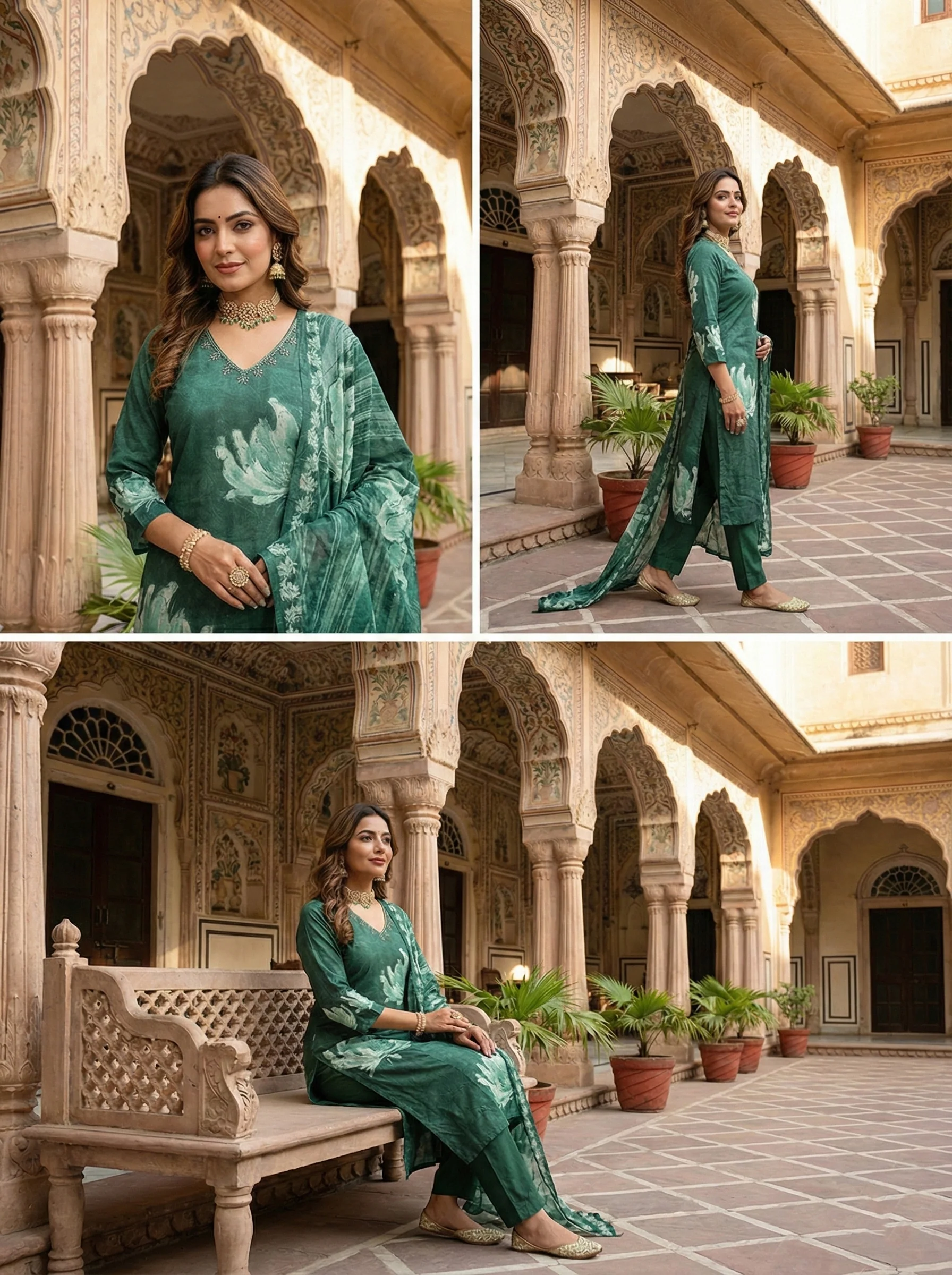 Bottle Green Muslin Floral Printed Three Piece Set - Image 5
