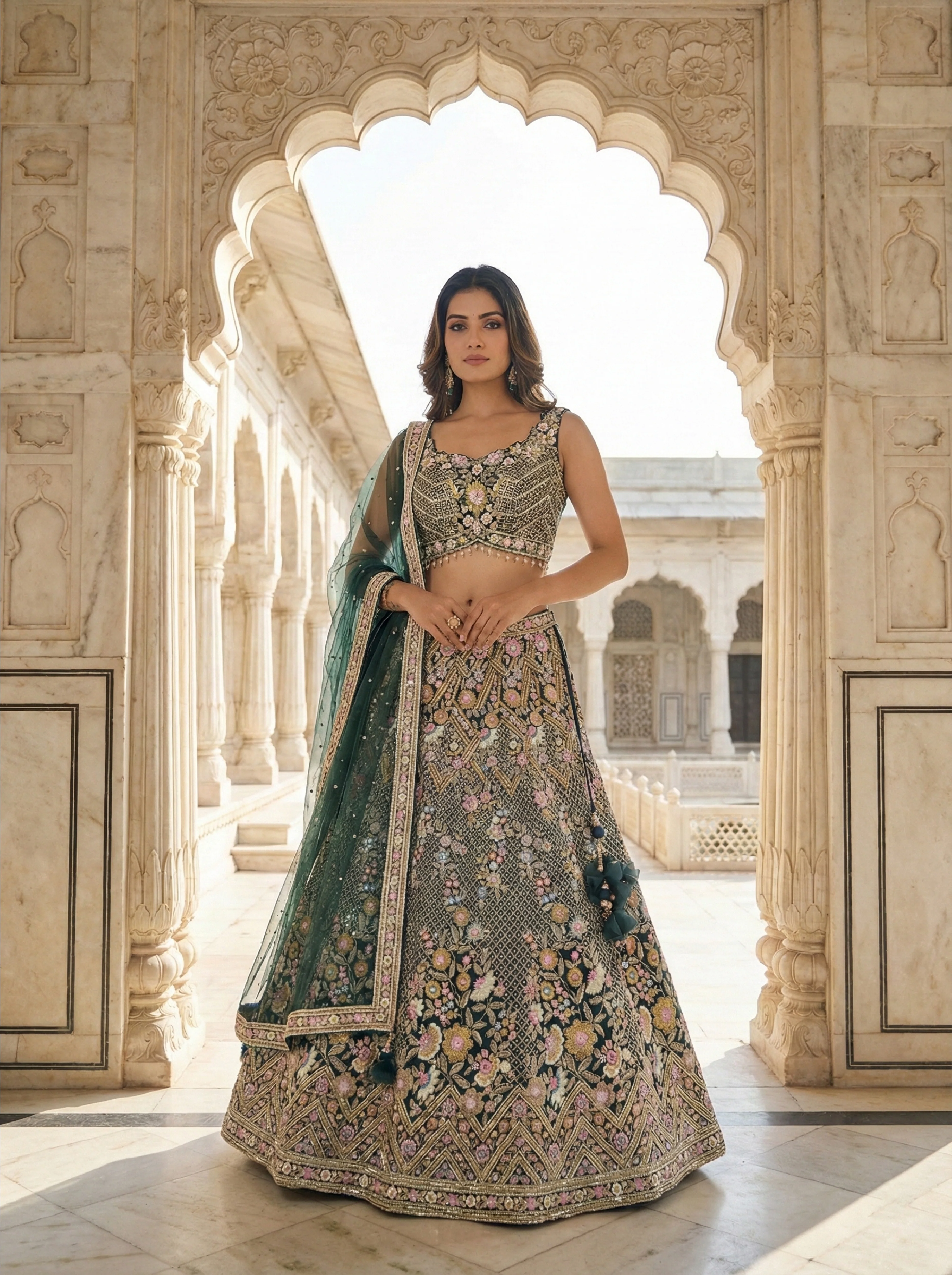 Bottle Green Net Floral Hand Embroidery Ghagra Set - Image 2