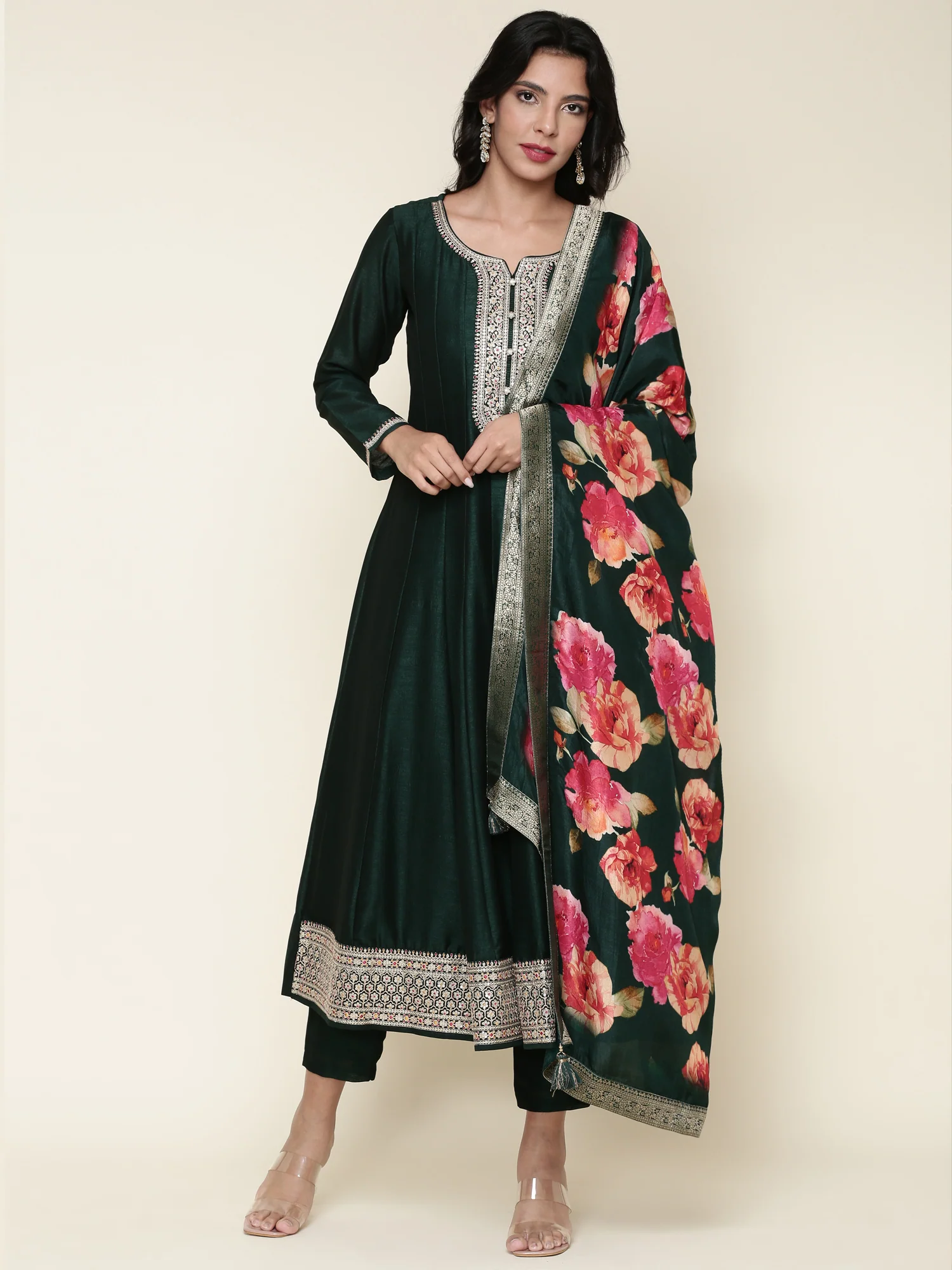 Bottle green silk anarkali embroidered three piece suit set