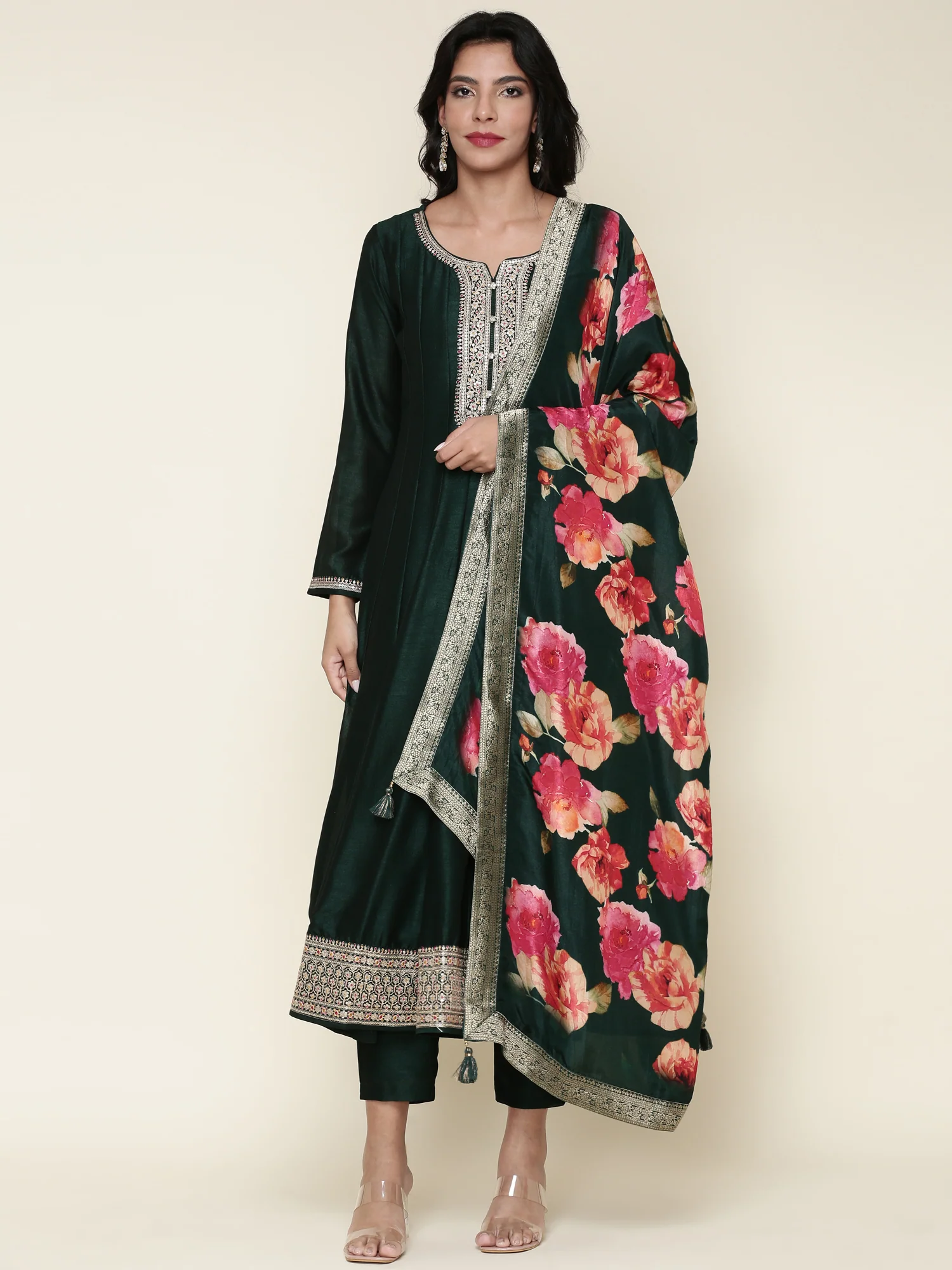 Bottle green silk anarkali embroidered three piece suit set - Image 2