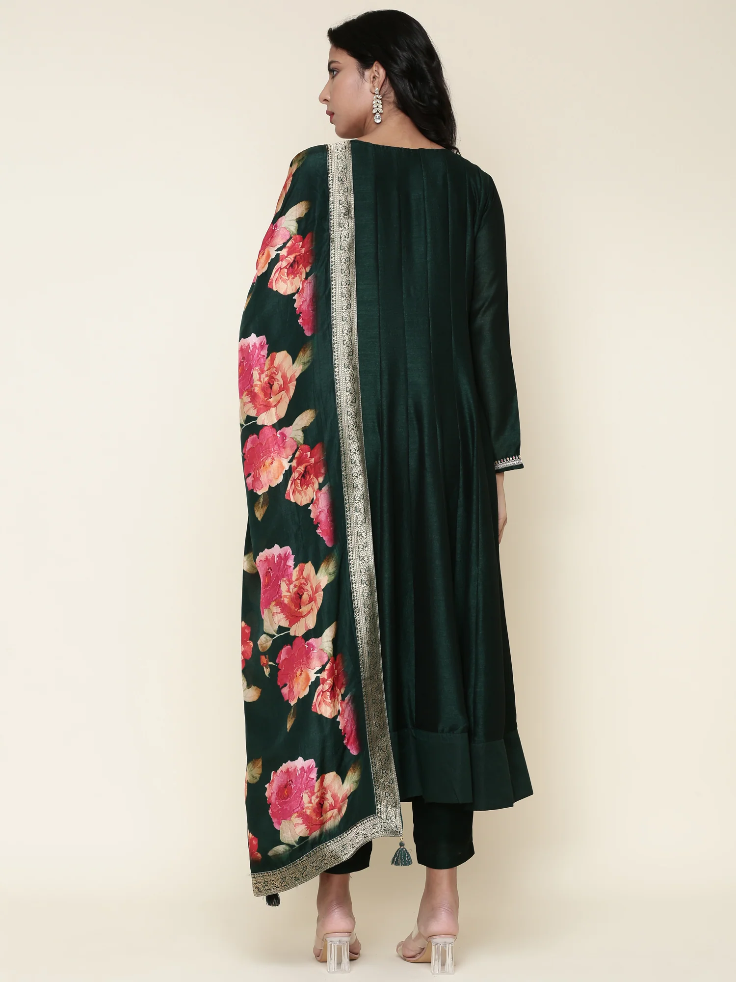 Bottle green silk anarkali embroidered three piece suit set - Image 4