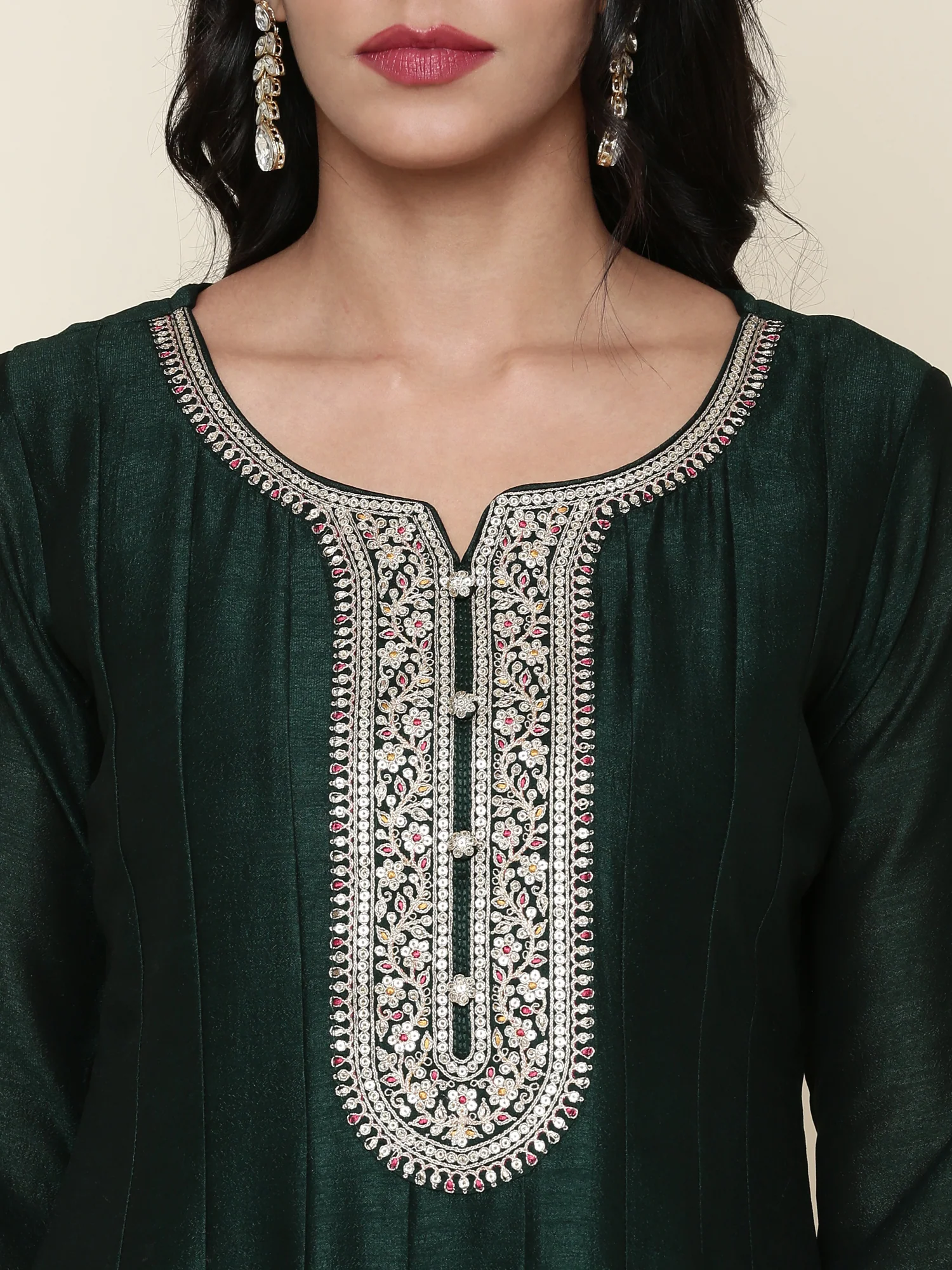Bottle green silk anarkali embroidered three piece suit set - Image 5
