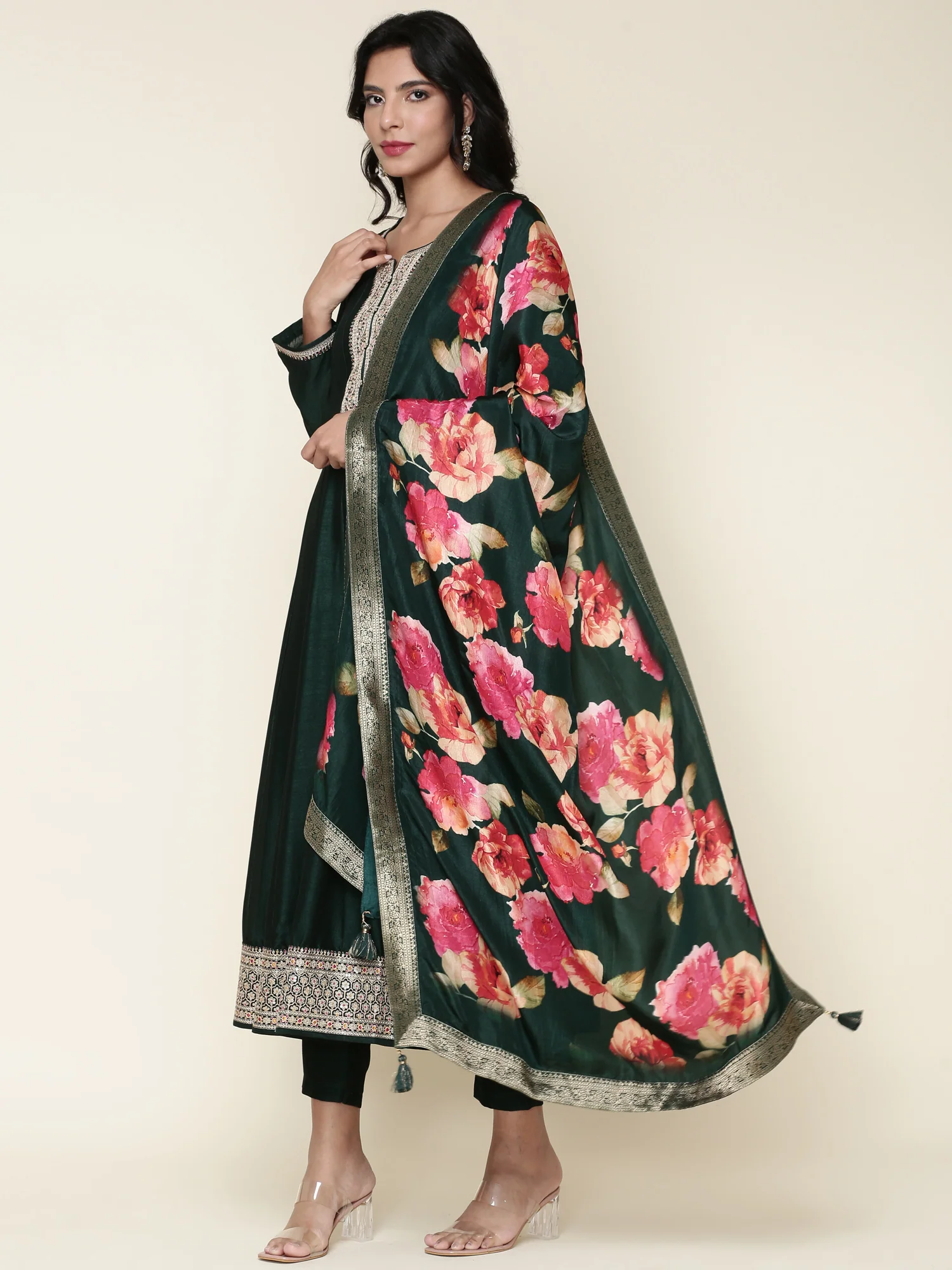 Bottle green silk anarkali embroidered three piece suit set - Image 6