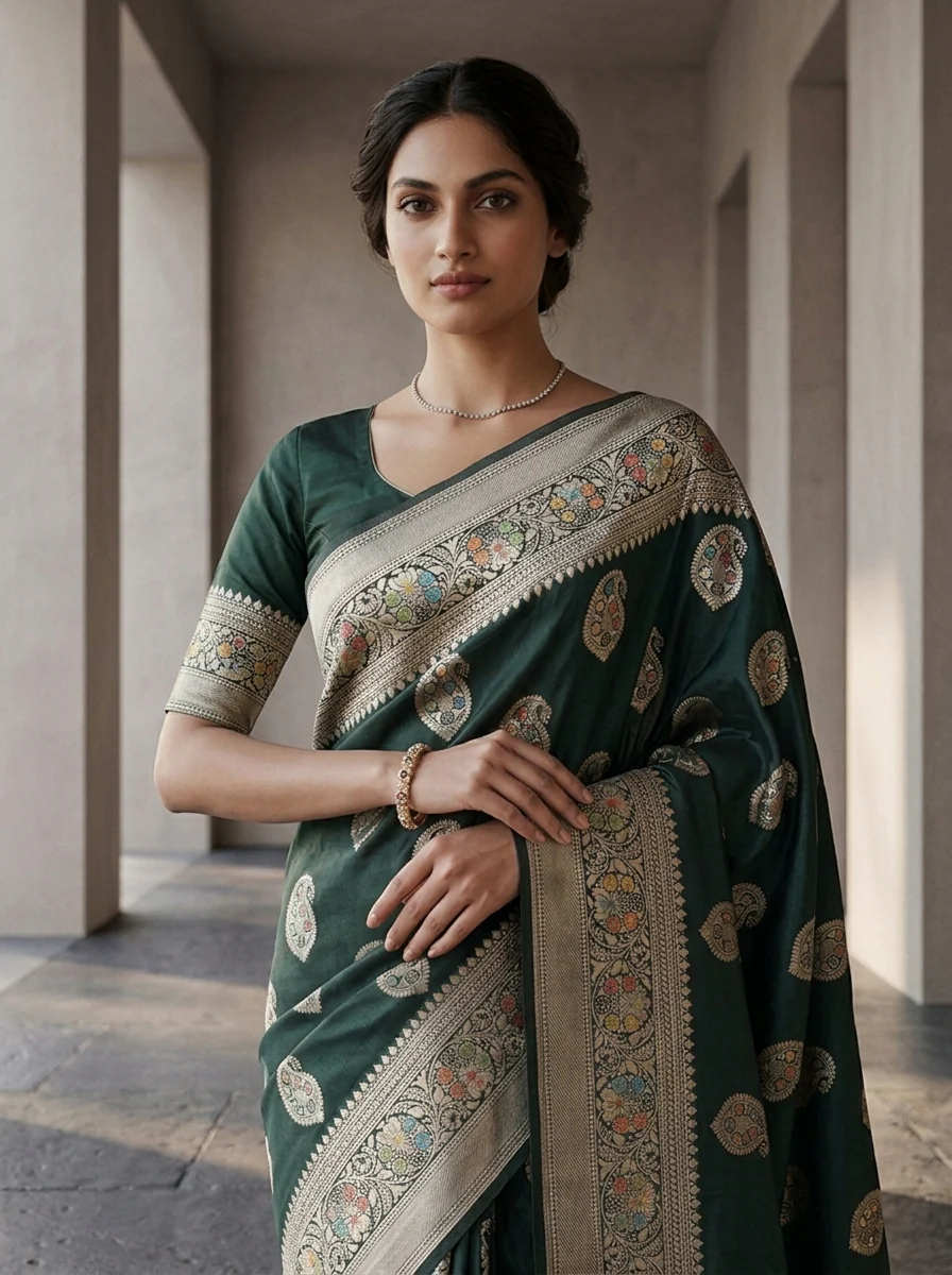 Bottle Green Silk Saree With Paisley Design And Zari Weaving - Image 2