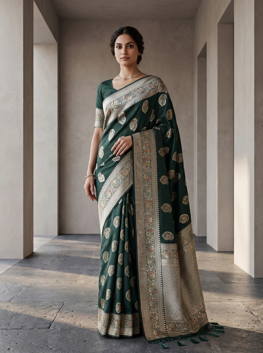 Bottle Green Silk Saree With Paisley Design And Zari Weaving - Image 3