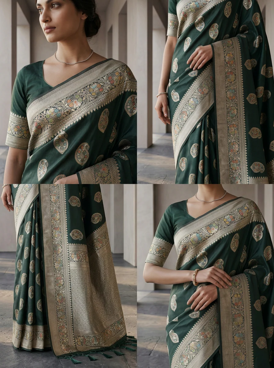 Bottle Green Silk Saree With Paisley Design And Zari Weaving - Image 4