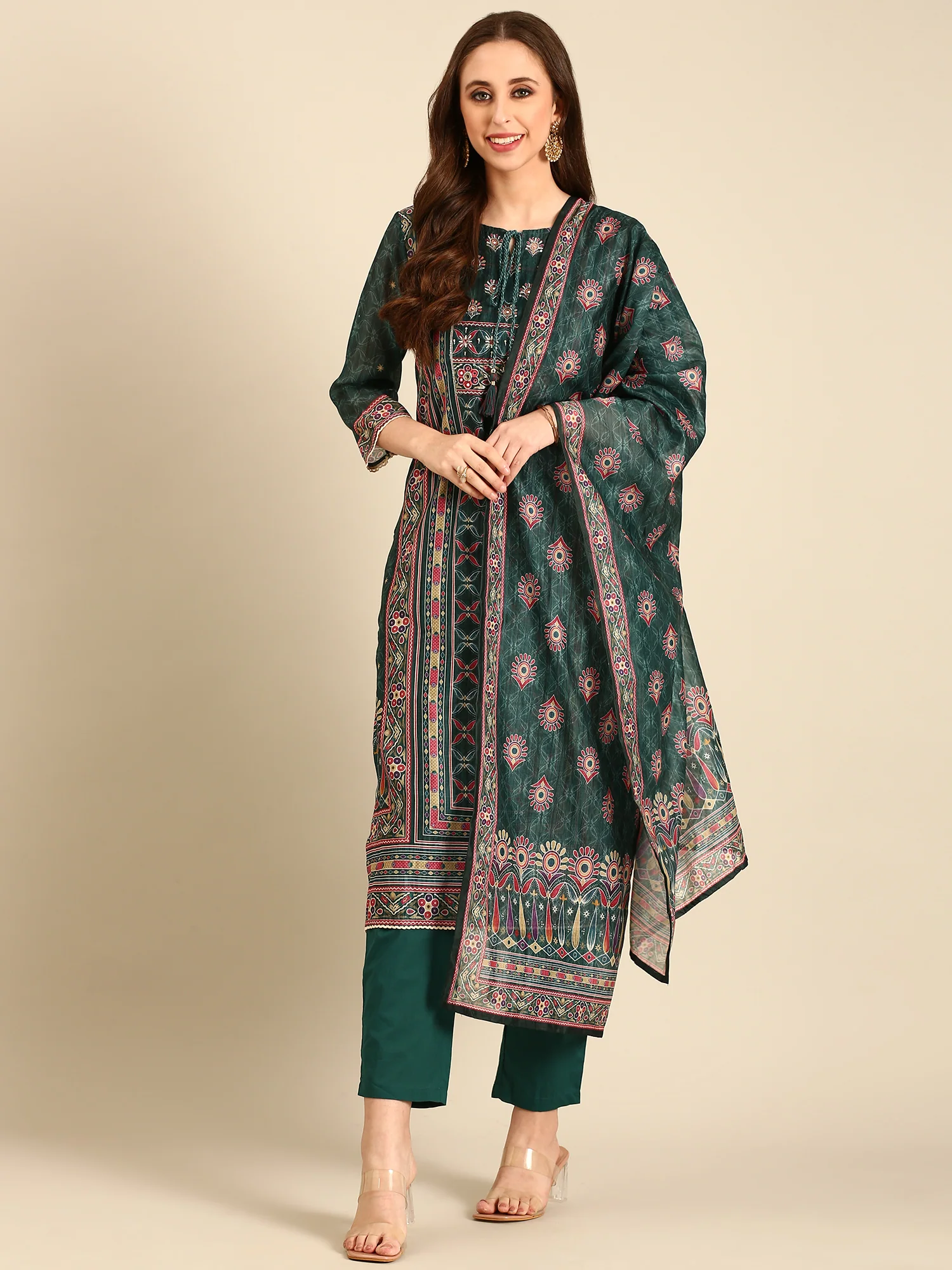 Bottle Green Suit set with Organza duppatta - Image 5