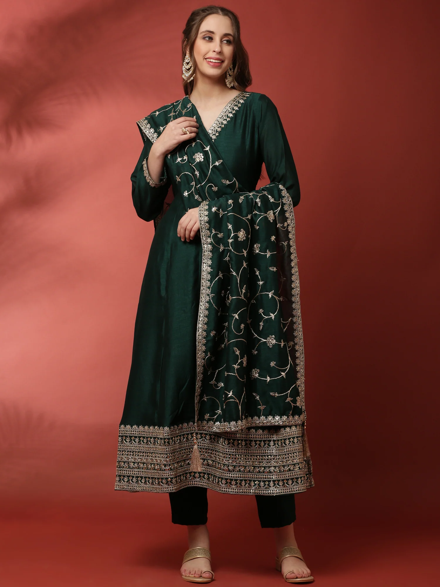 Bottle Green Vichitra Fabric Shoulder Kali With Embroiderey Duppata - Image 5