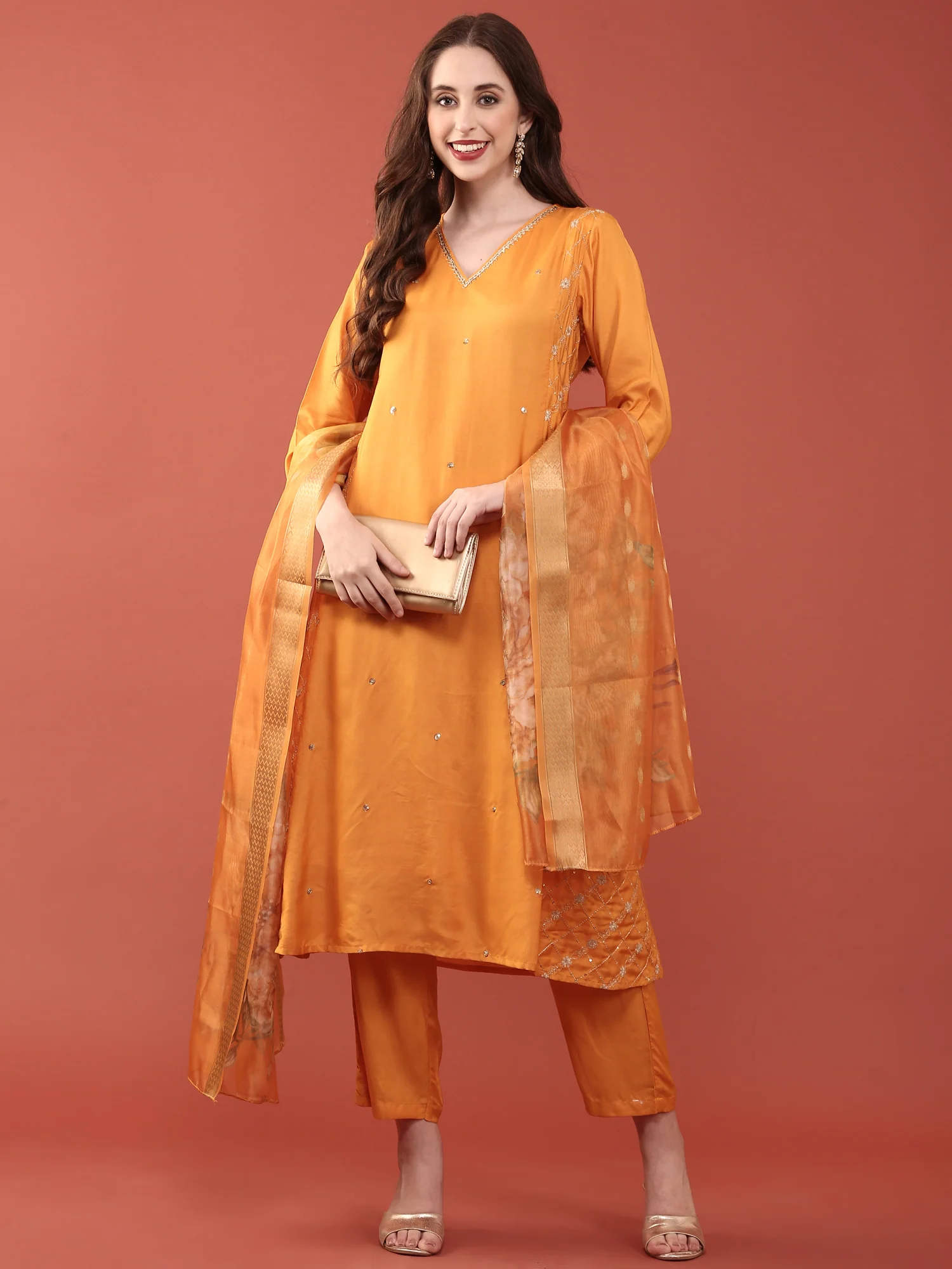 Bright Orange Muslin Three Piece Set - Image 5