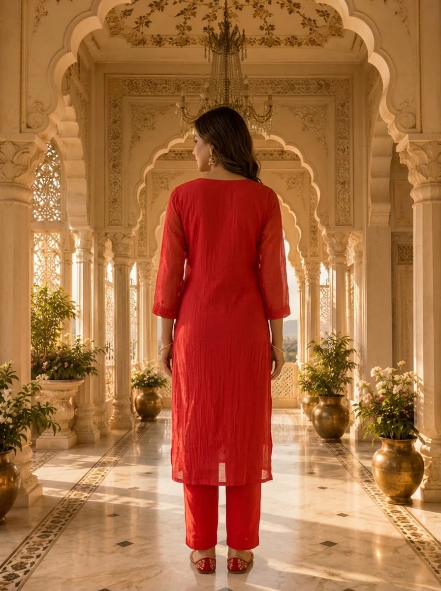 Bright Red Cotton Embroidery Three Piece Set - Image 2