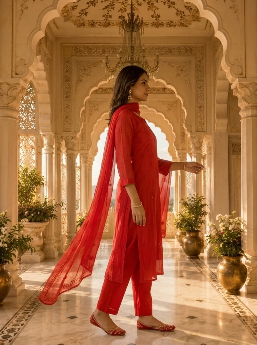 Bright Red Cotton Embroidery Three Piece Set - Image 3