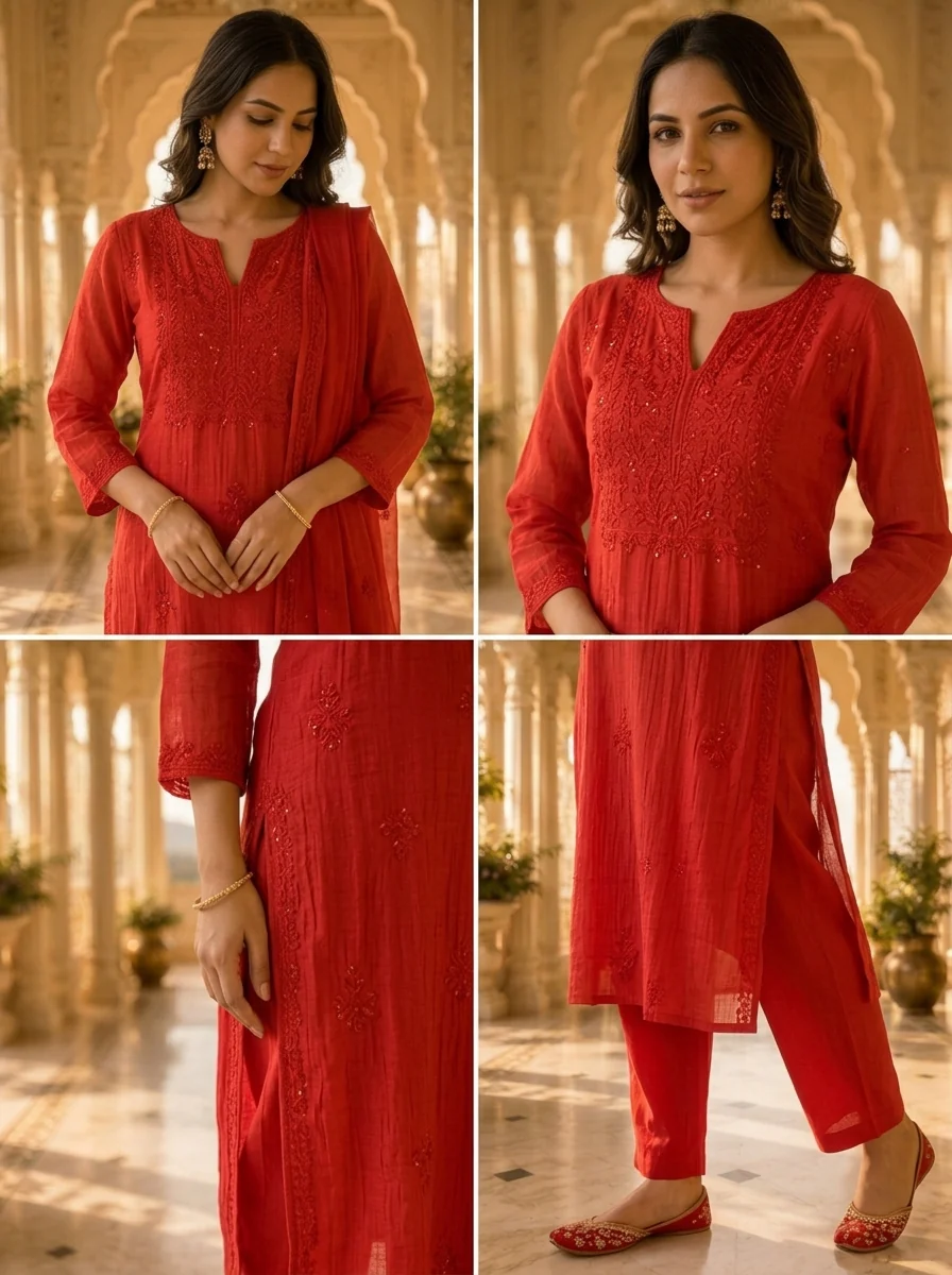 Bright Red Cotton Embroidery Three Piece Set - Image 5