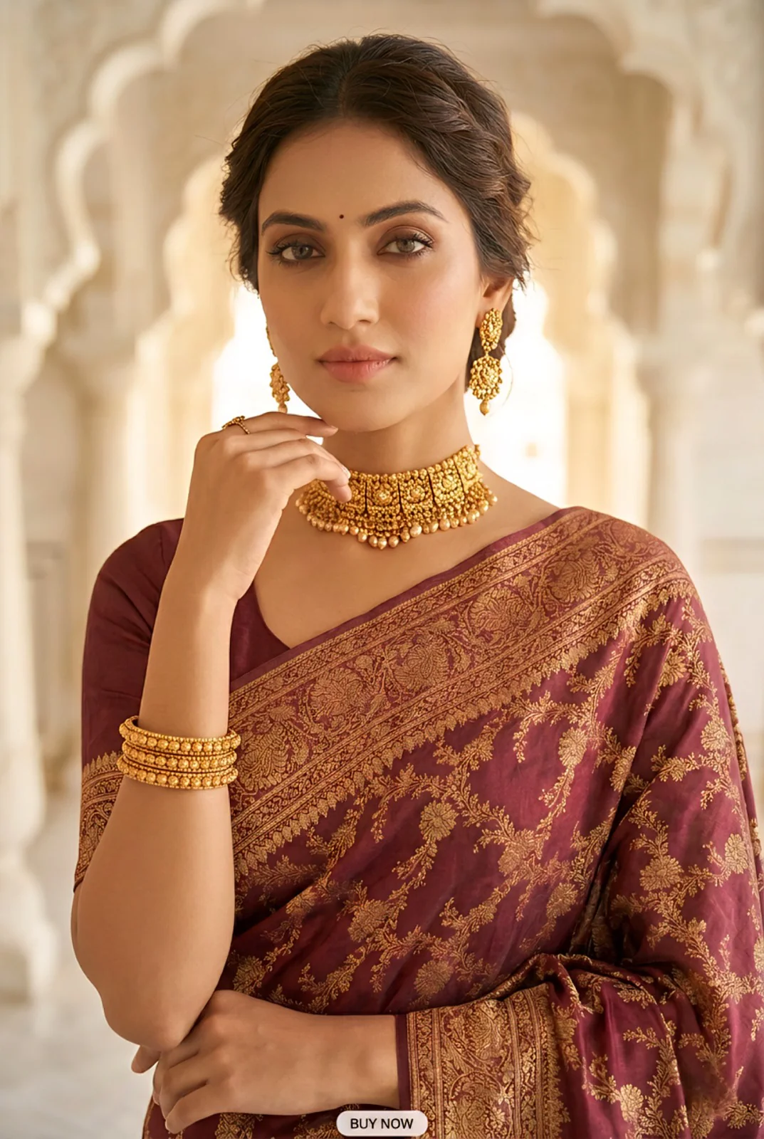 Brown Banaras Floral Pattu Saree - Image 2
