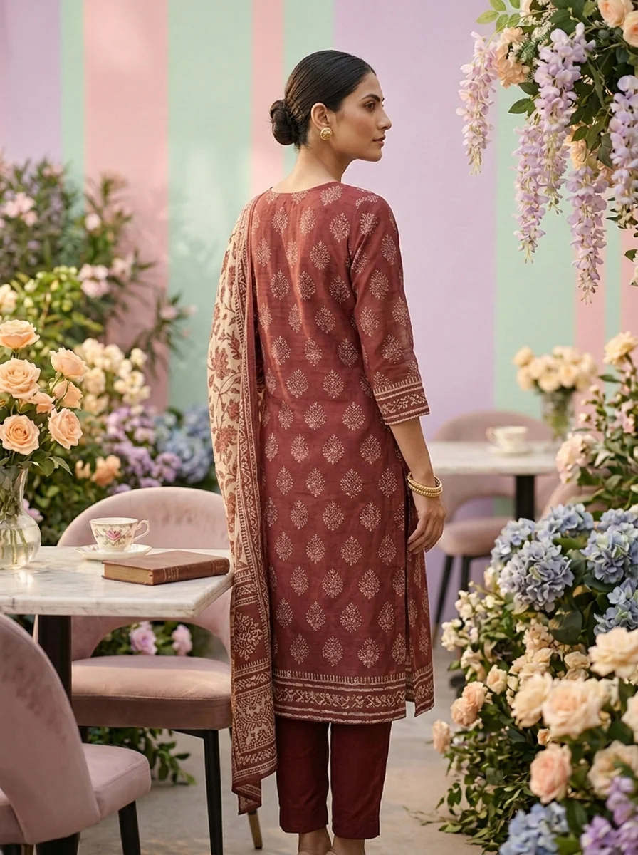 Brown Chanderi Printed Three Piece Set - Image 2