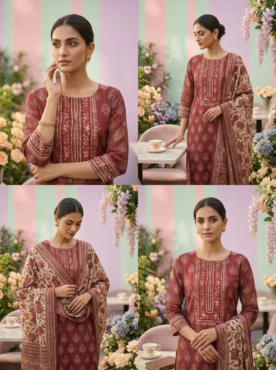 Brown Chanderi Printed Three Piece Set - Image 3