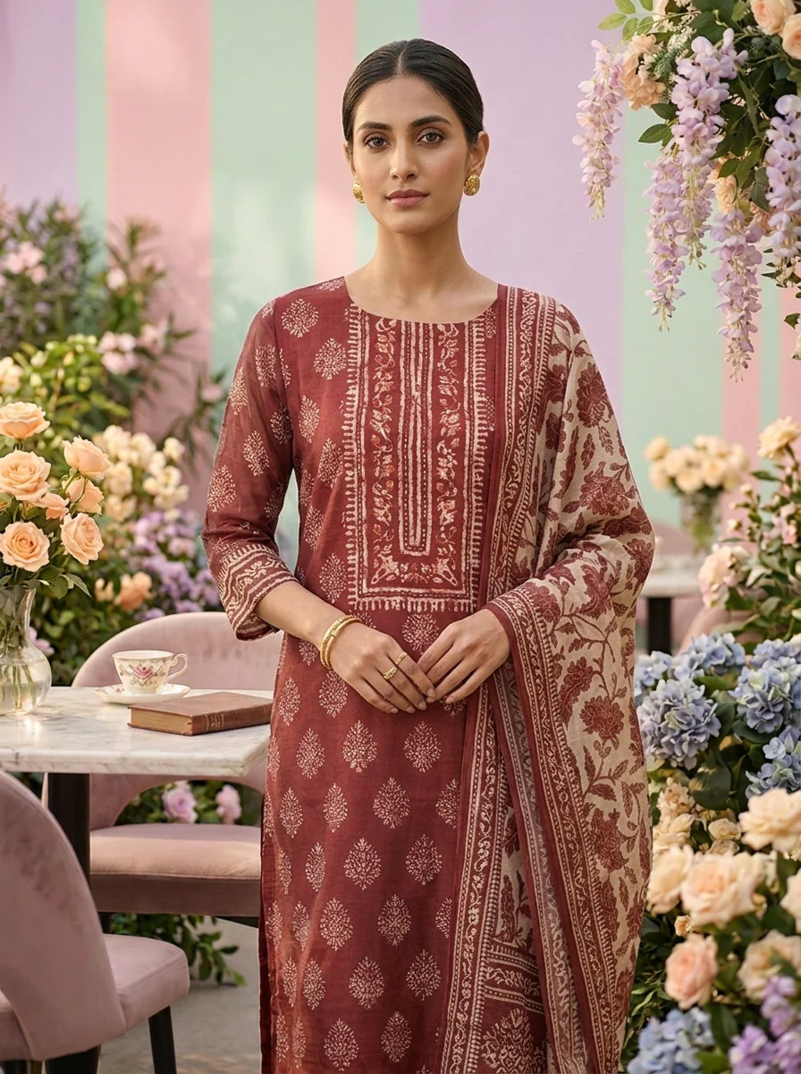 Brown Chanderi Printed Three Piece Set - Image 5
