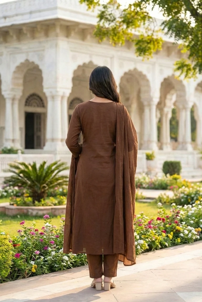 Brown Cotton Embroidery Three Piece Set - Image 6