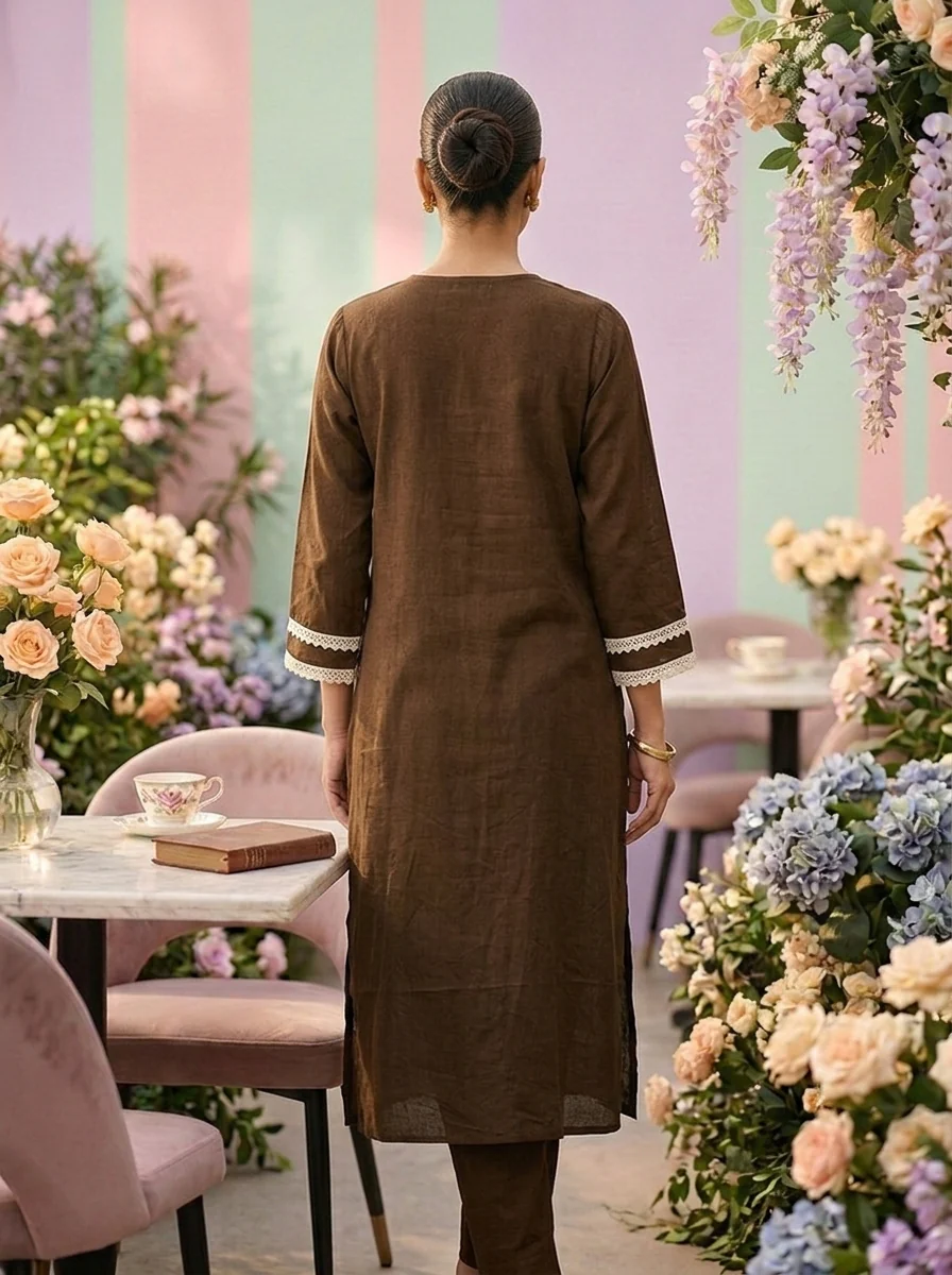 Brown Cotton Embroidery Two Piece Set - Image 2