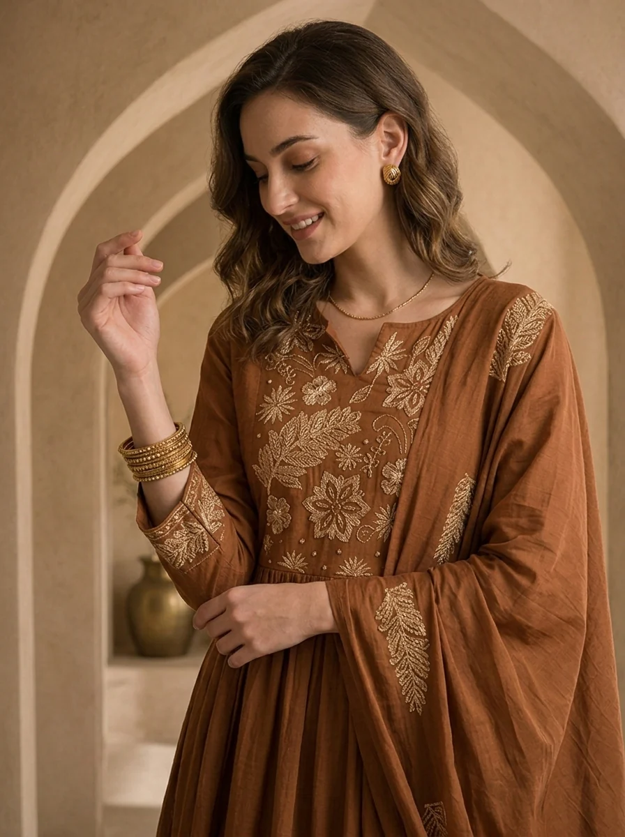 Brown Cotton Floral Embroidery And Solid Design Three Piece Set