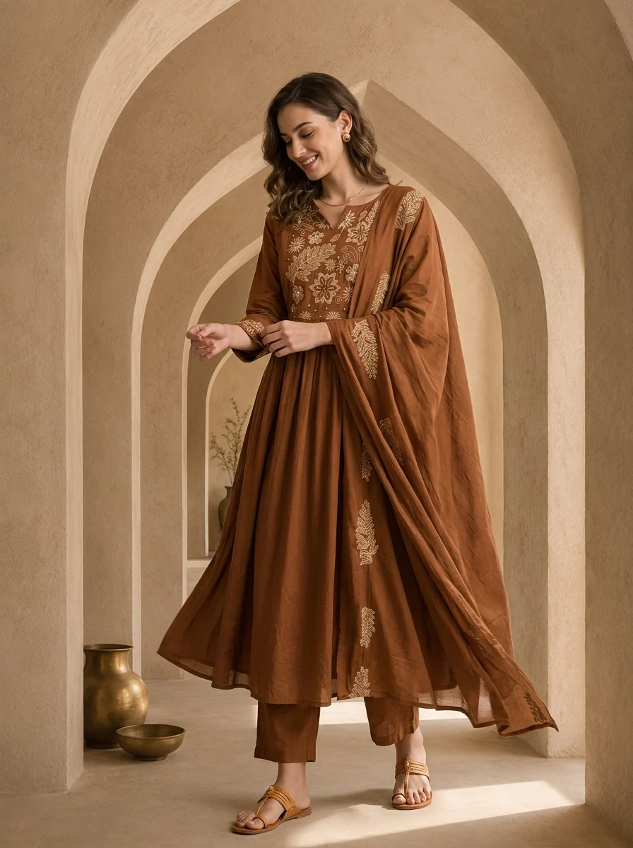 Brown Cotton Floral Embroidery And Solid Design Three Piece Set - Image 2