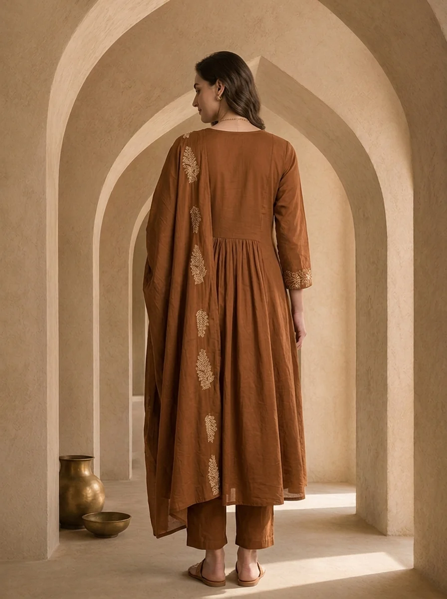 Brown Cotton Floral Embroidery And Solid Design Three Piece Set - Image 3