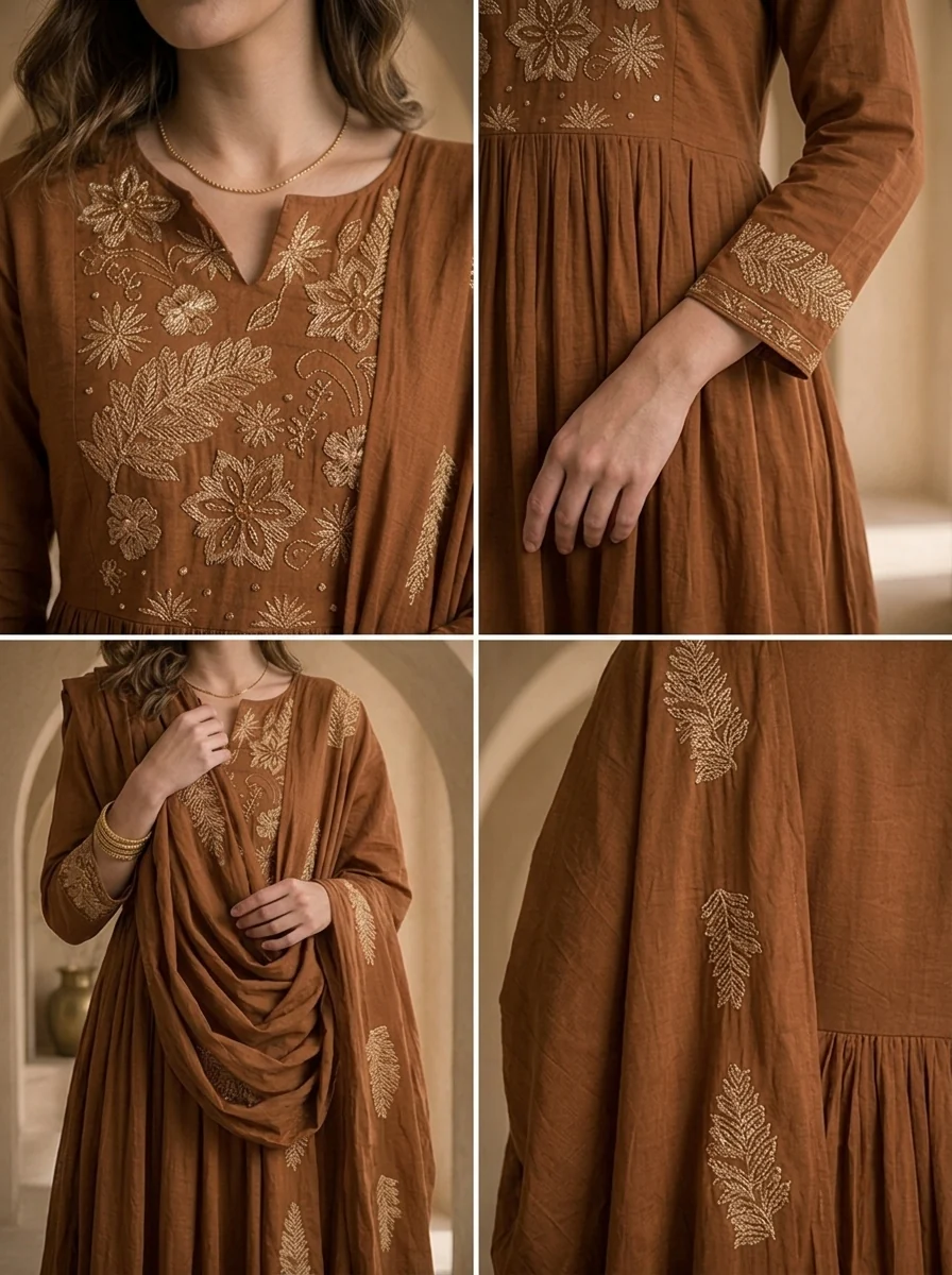 Brown Cotton Floral Embroidery And Solid Design Three Piece Set - Image 5