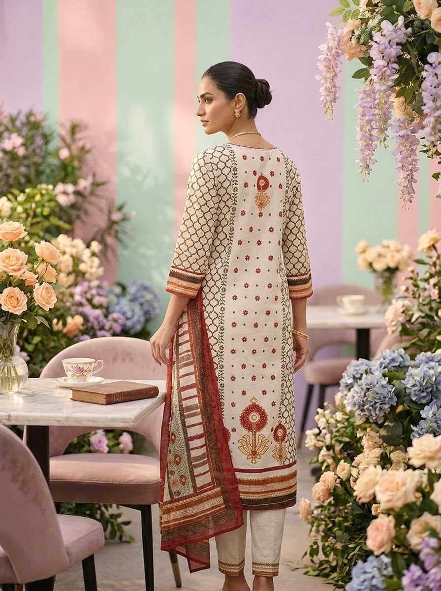 Brown Cotton Floral Printed Three Piece Set - Image 2