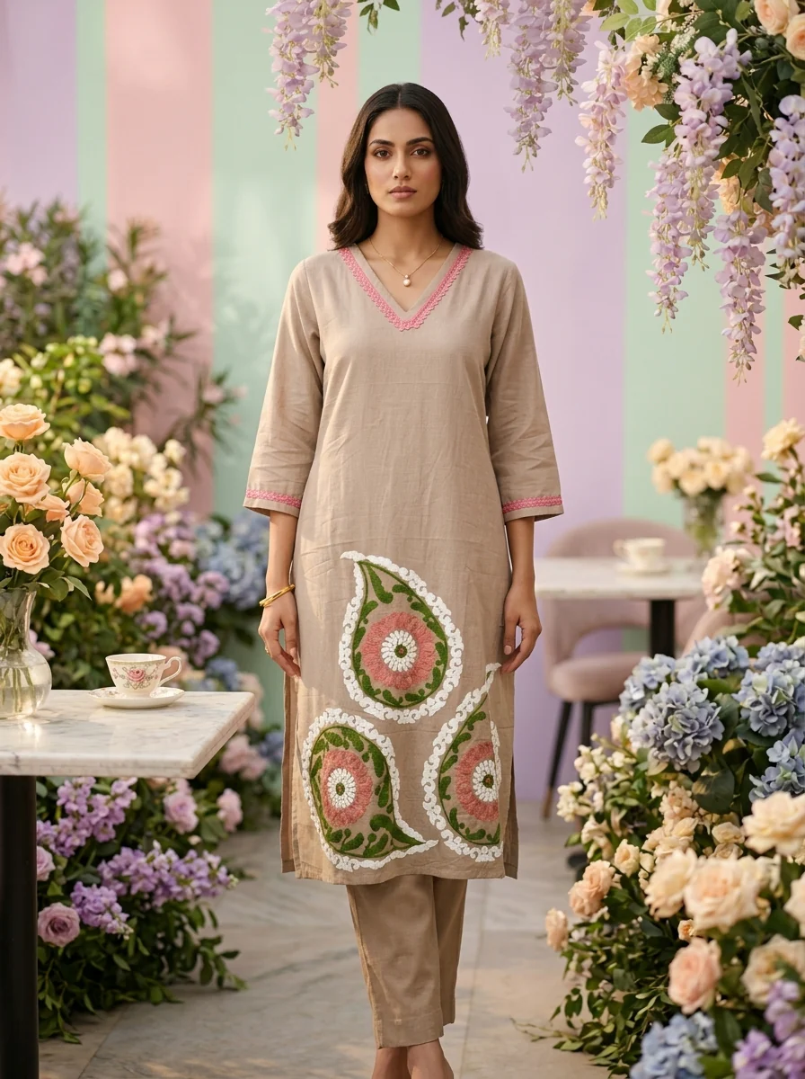 Brown Cotton Paisley Thread Embroidered Two Piece Set