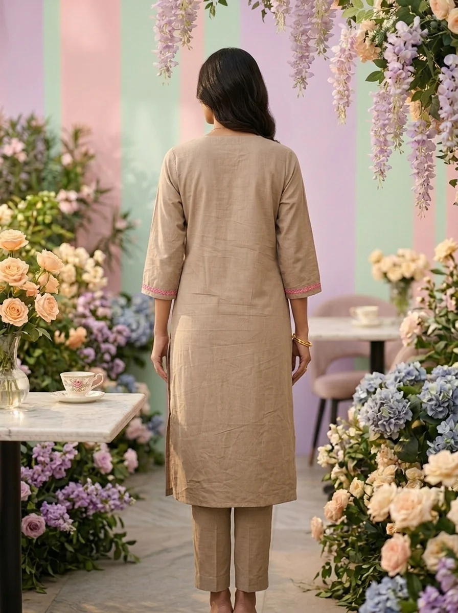 Brown Cotton Paisley Thread Embroidered Two Piece Set - Image 2