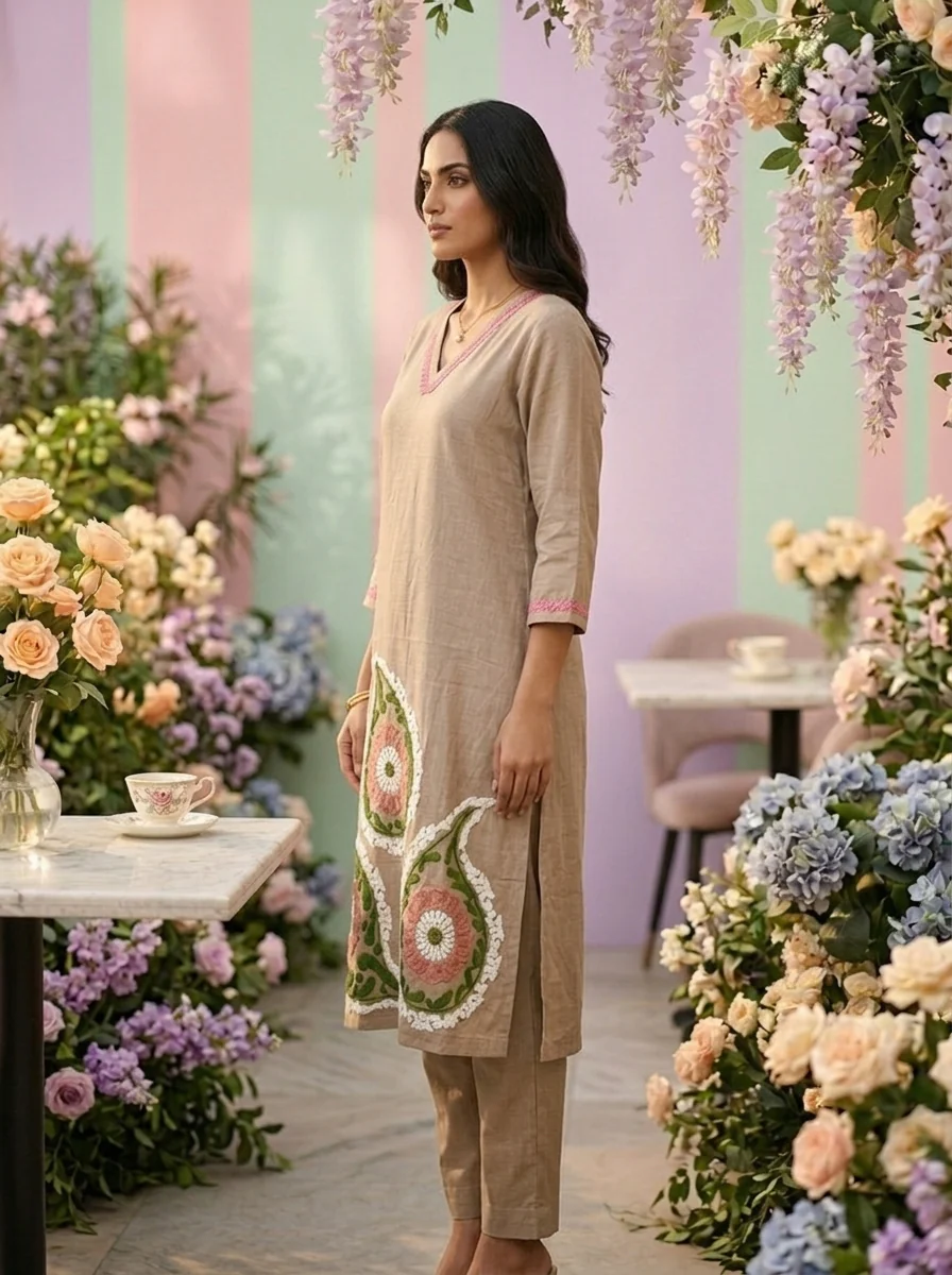 Brown Cotton Paisley Thread Embroidered Two Piece Set - Image 4